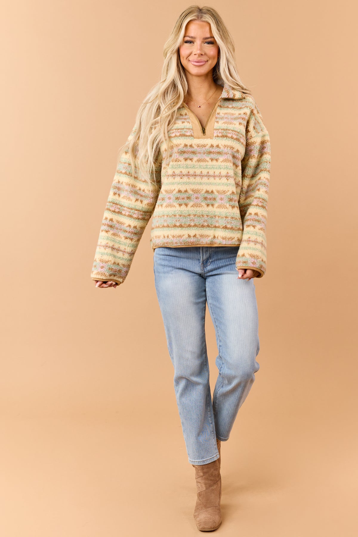 Brown Sugar Sherpa Aztec Print Quarter Zip Up Jacket