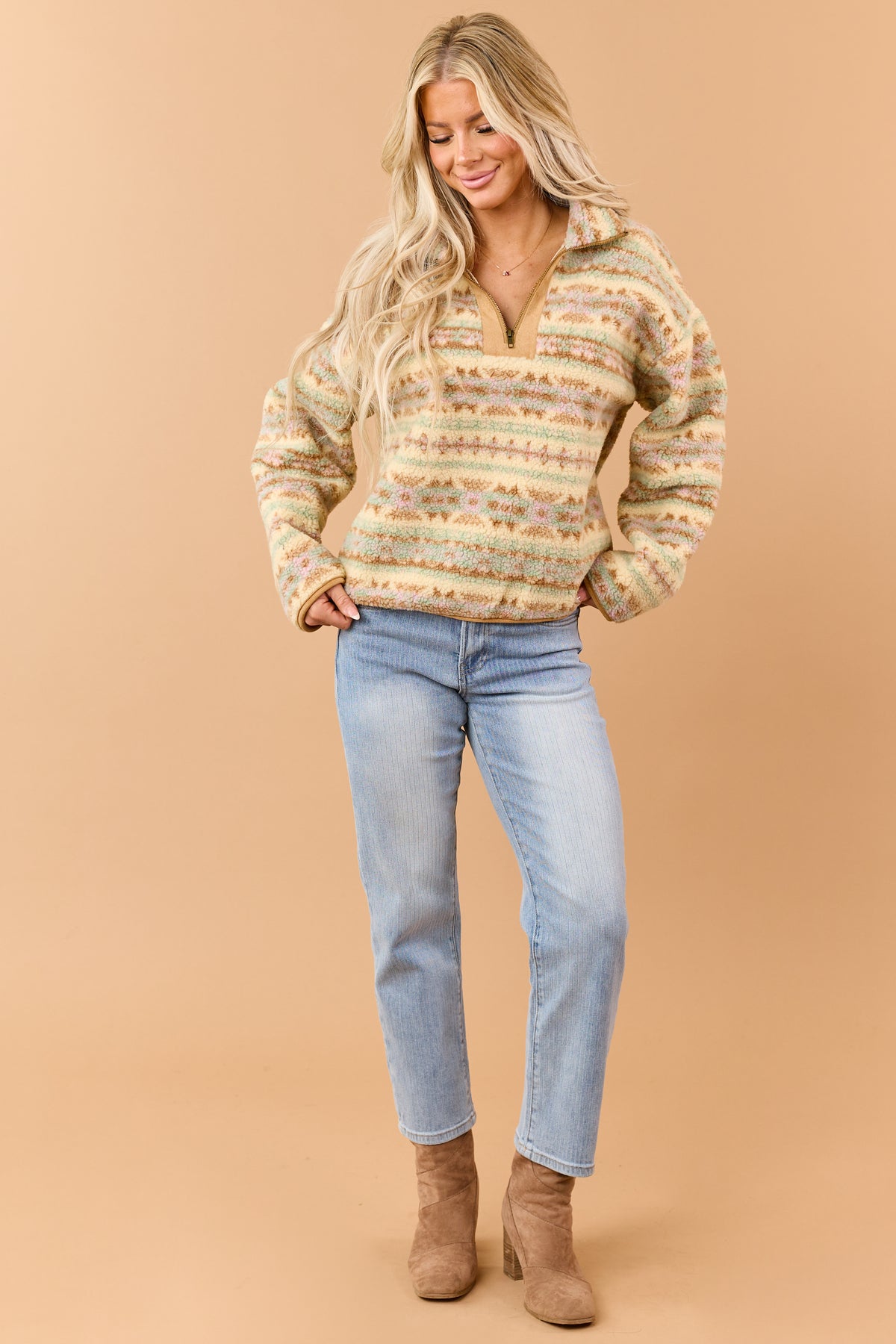 Brown Sugar Sherpa Aztec Print Quarter Zip Up Jacket