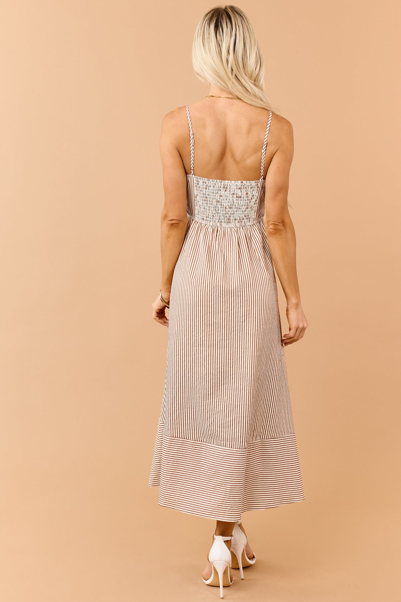 Brown Sugar Striped V-Neck Midi Sundress