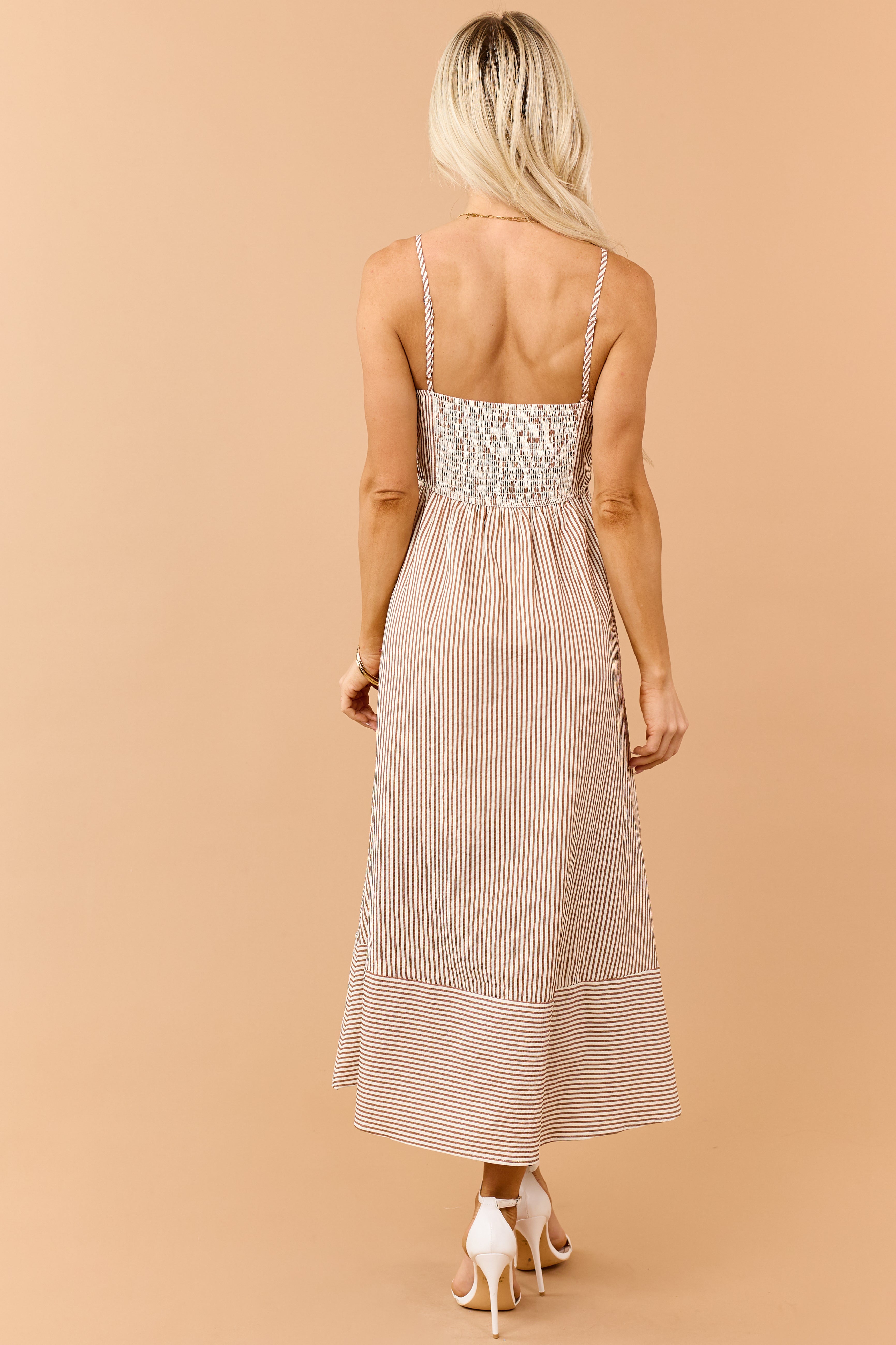 Brown Sugar Striped V-Neck Midi Sundress