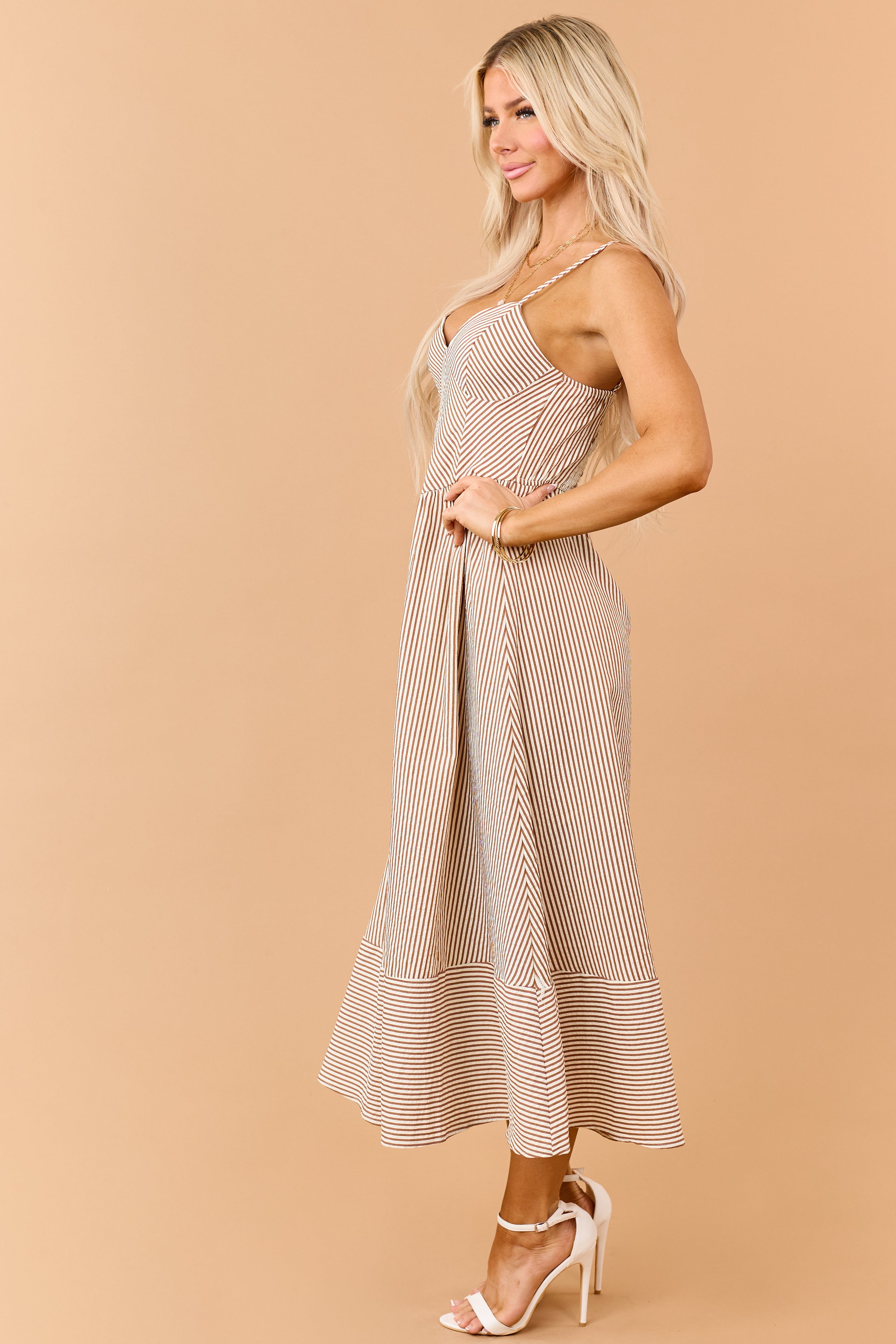 Brown Sugar Striped V-Neck Midi Sundress