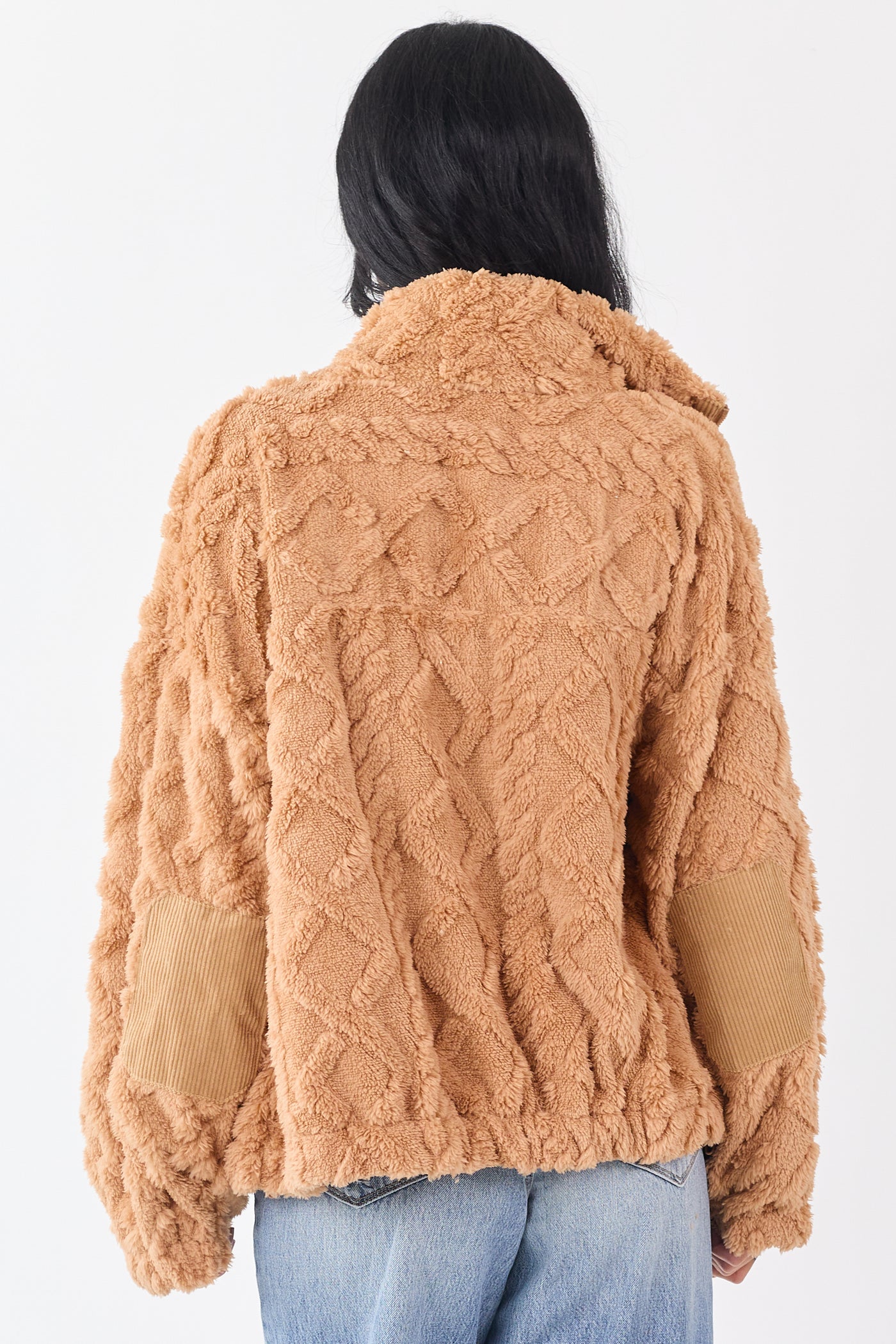 Brown Sugar Teddy Fleece Cable Knit Zip Up Jacket