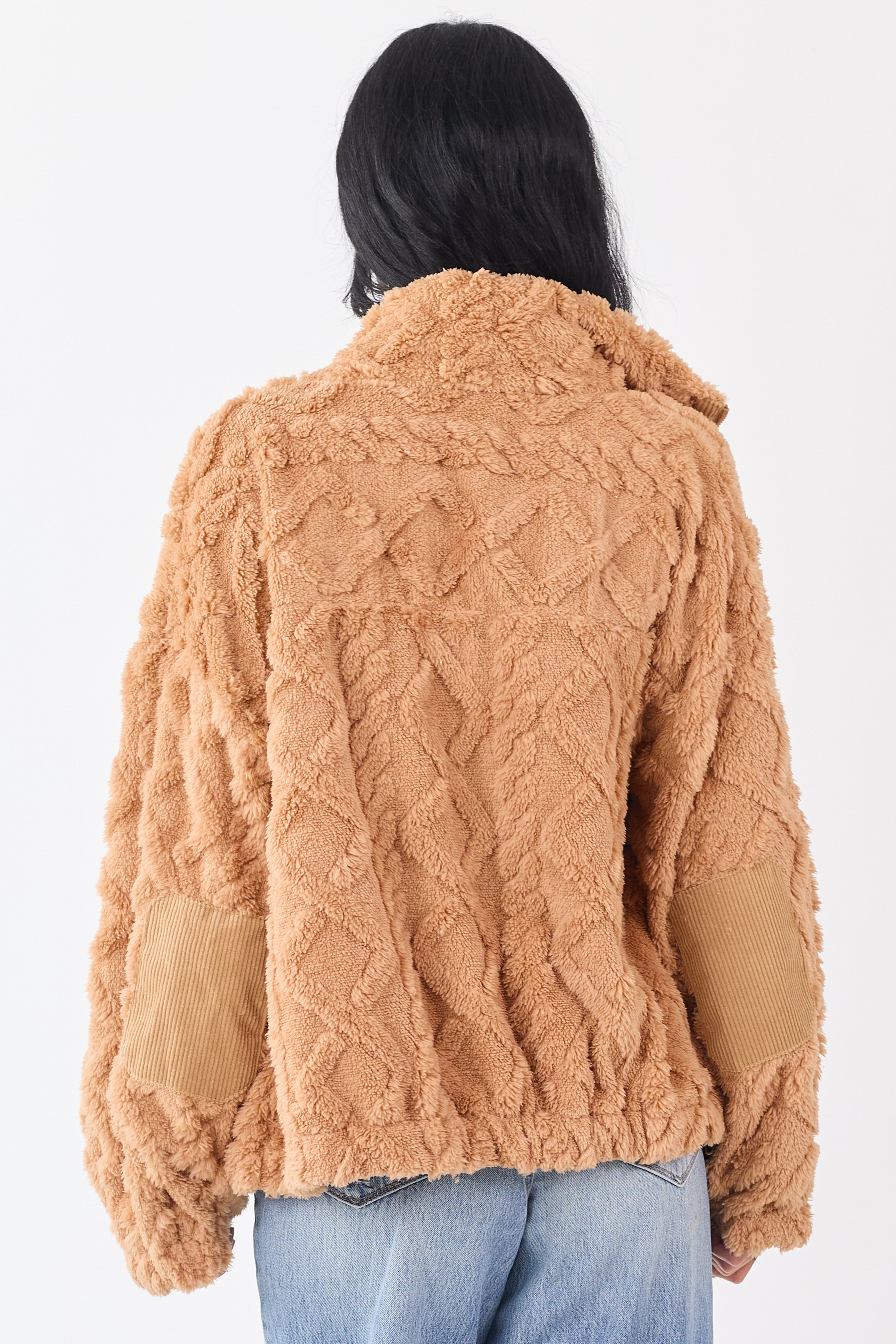 Brown Sugar Teddy Fleece Cable Knit Zip Up Jacket