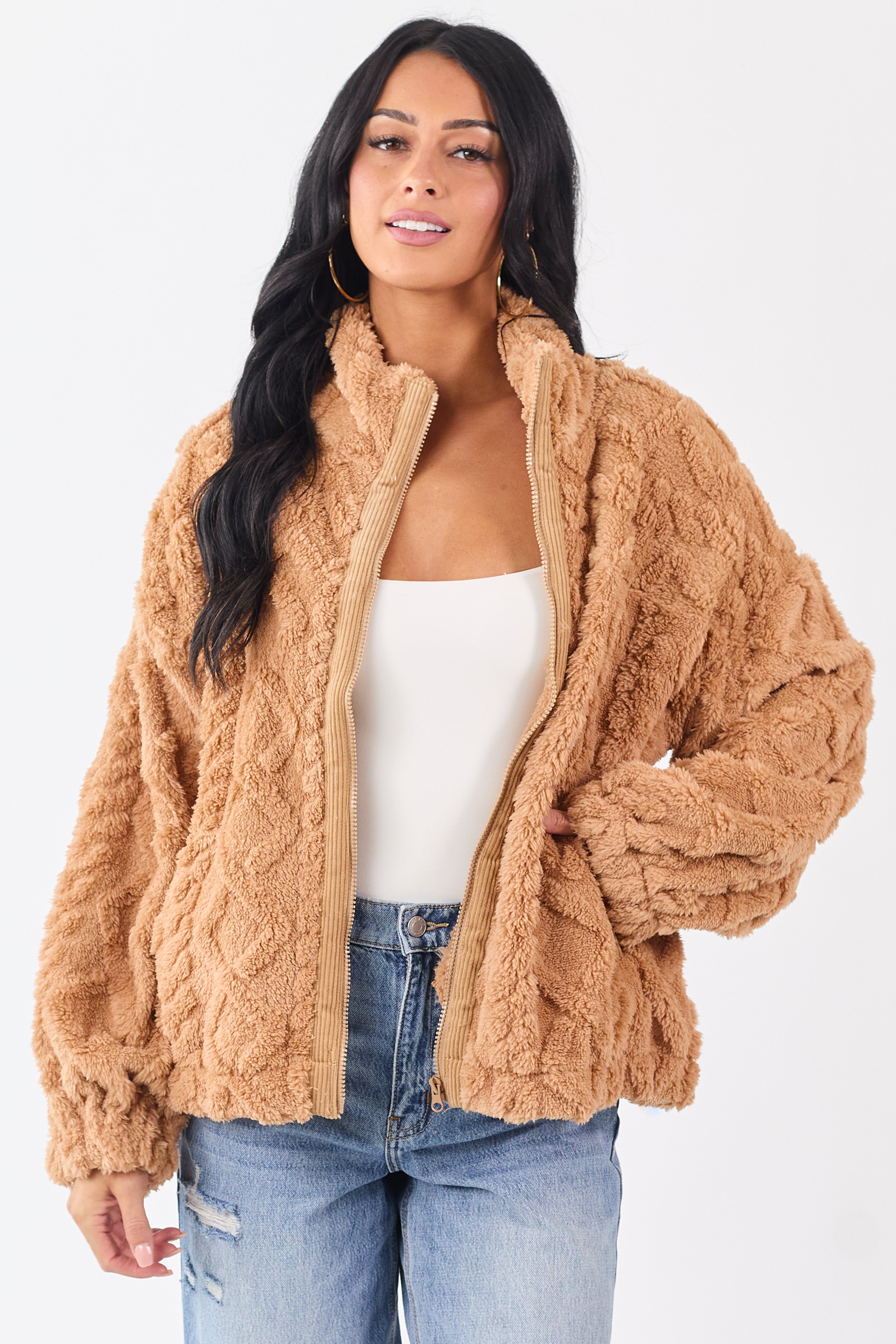 Brown Sugar Teddy Fleece Cable Knit Zip Up Jacket