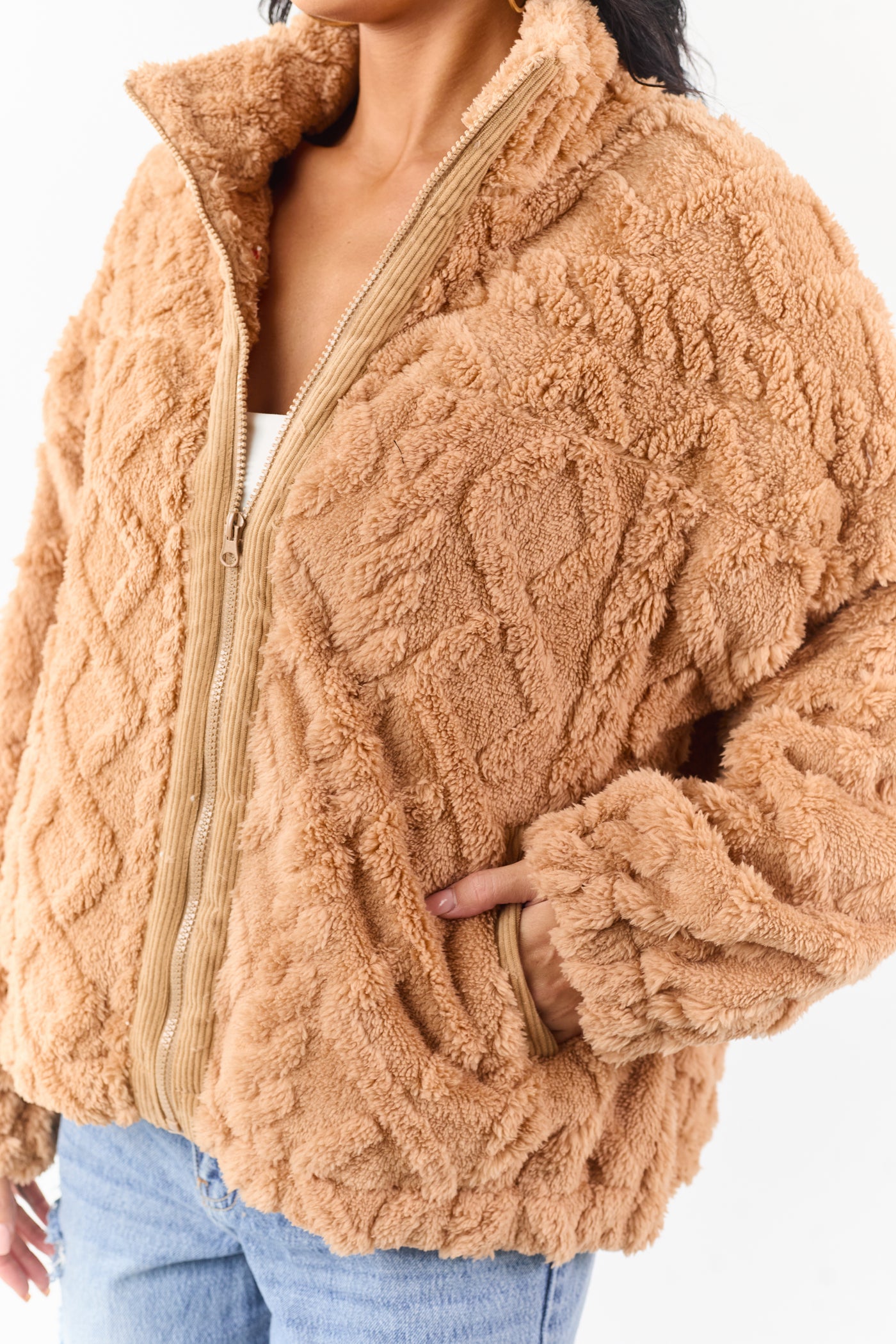 Brown Sugar Teddy Fleece Cable Knit Zip Up Jacket