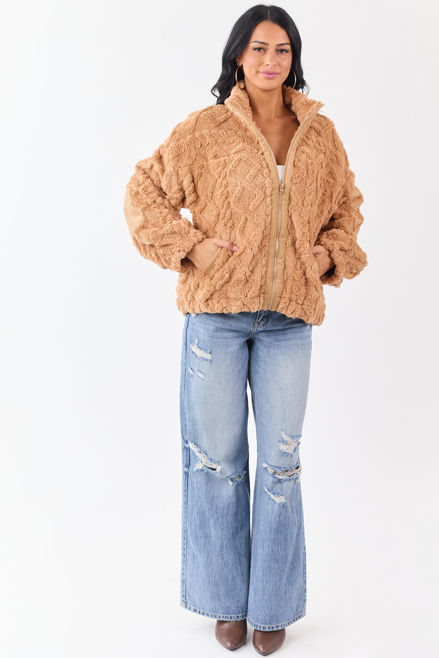 Brown Sugar Teddy Fleece Cable Knit Zip Up Jacket