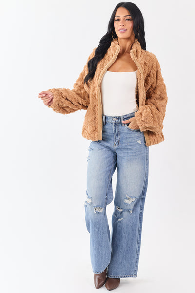 Brown Sugar Teddy Fleece Cable Knit Zip Up Jacket