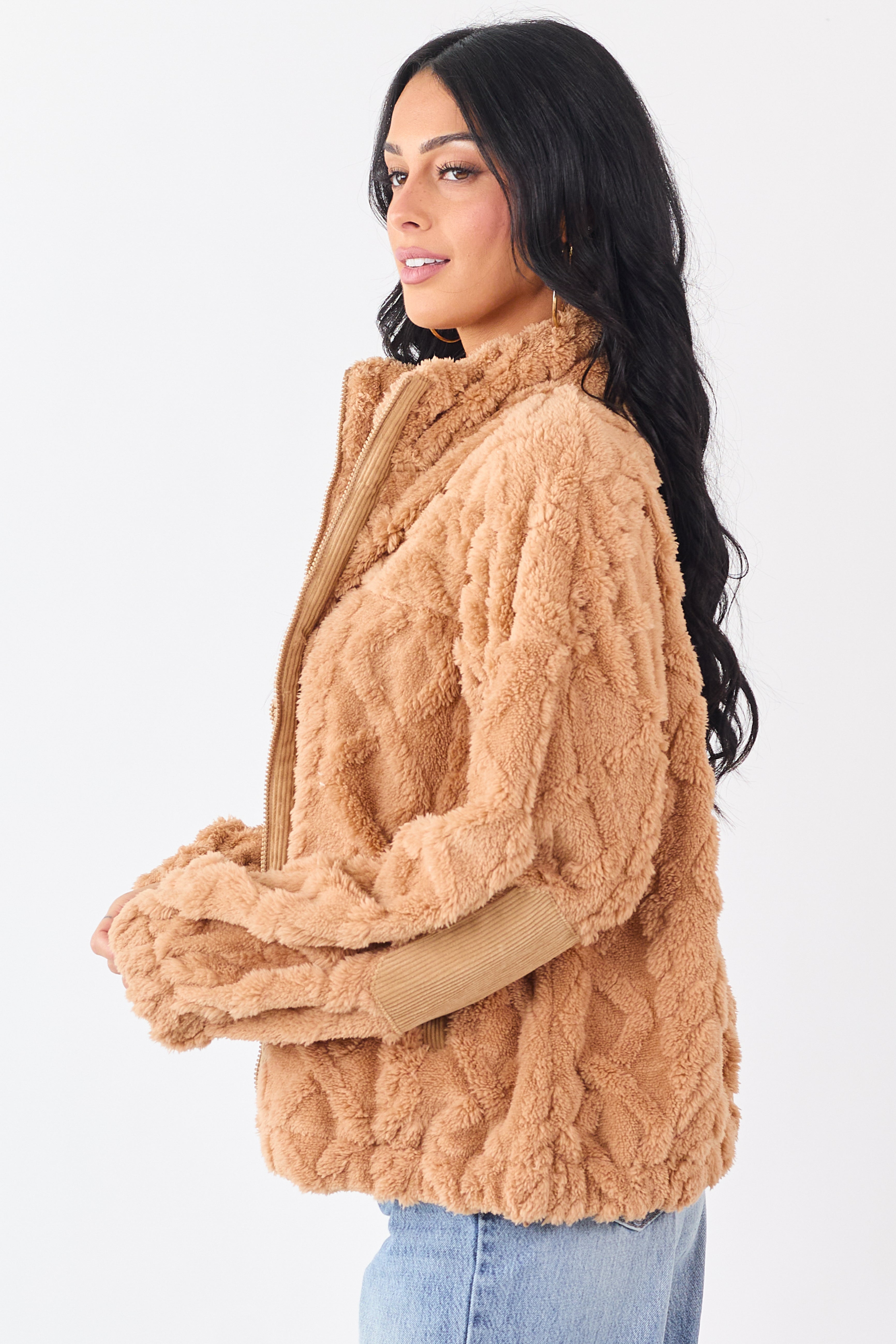 Brown Sugar Teddy Fleece Cable Knit Zip Up Jacket