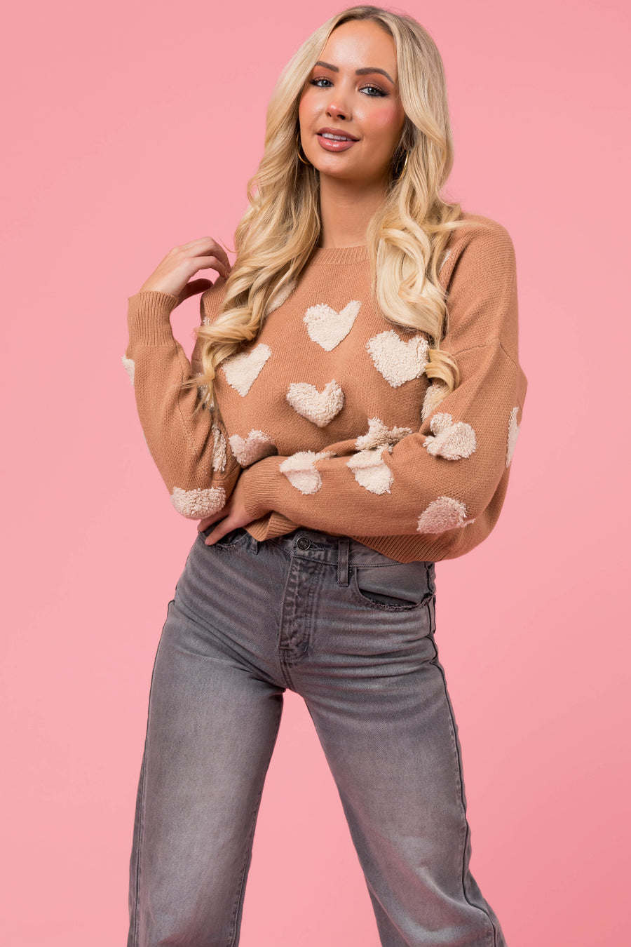 Brown Sugar Textured Heart Print Sweater
