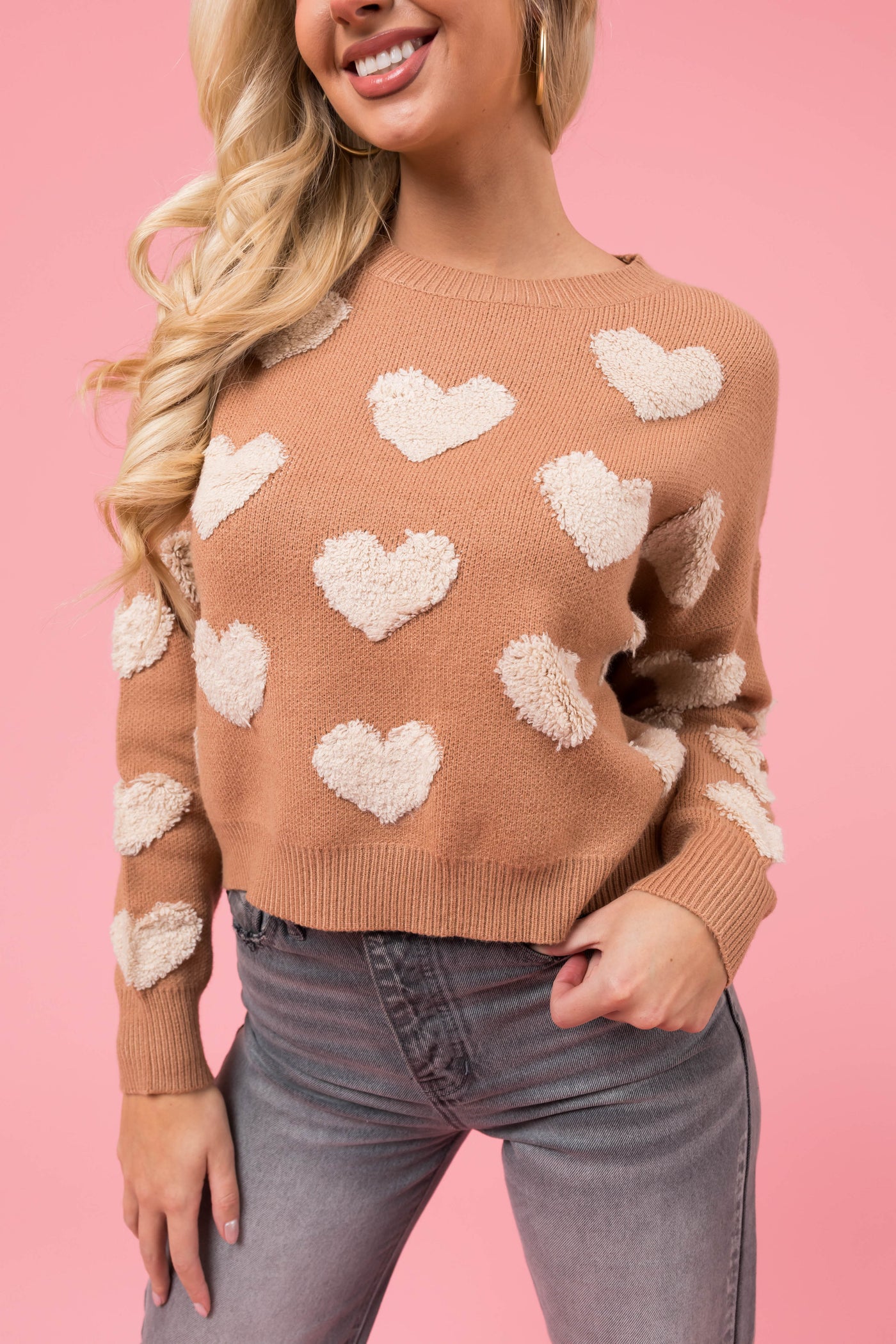 Brown Sugar Textured Heart Print Sweater