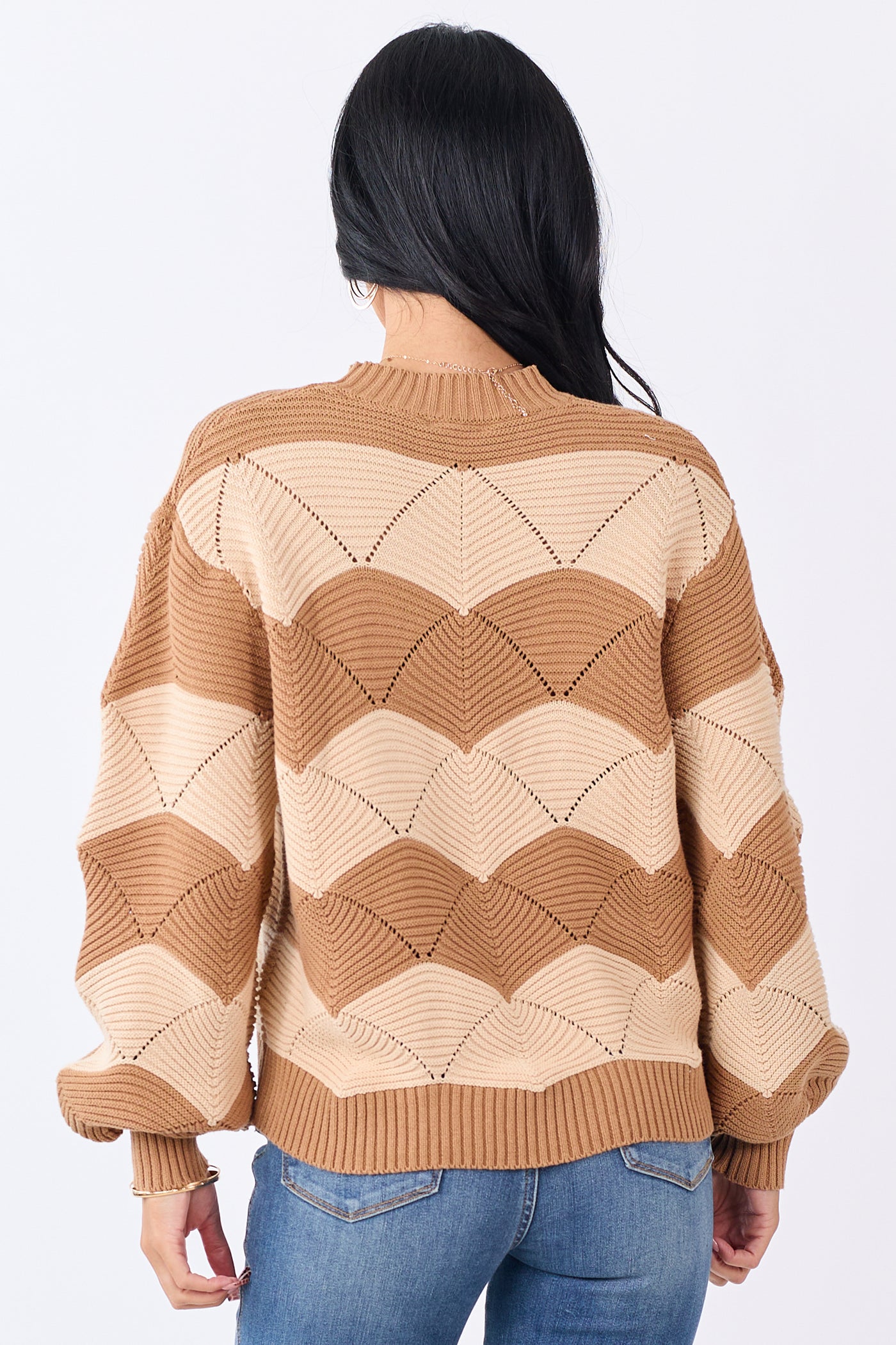 Brown Sugar Wavy Stripe Pointelle Cotton Sweater