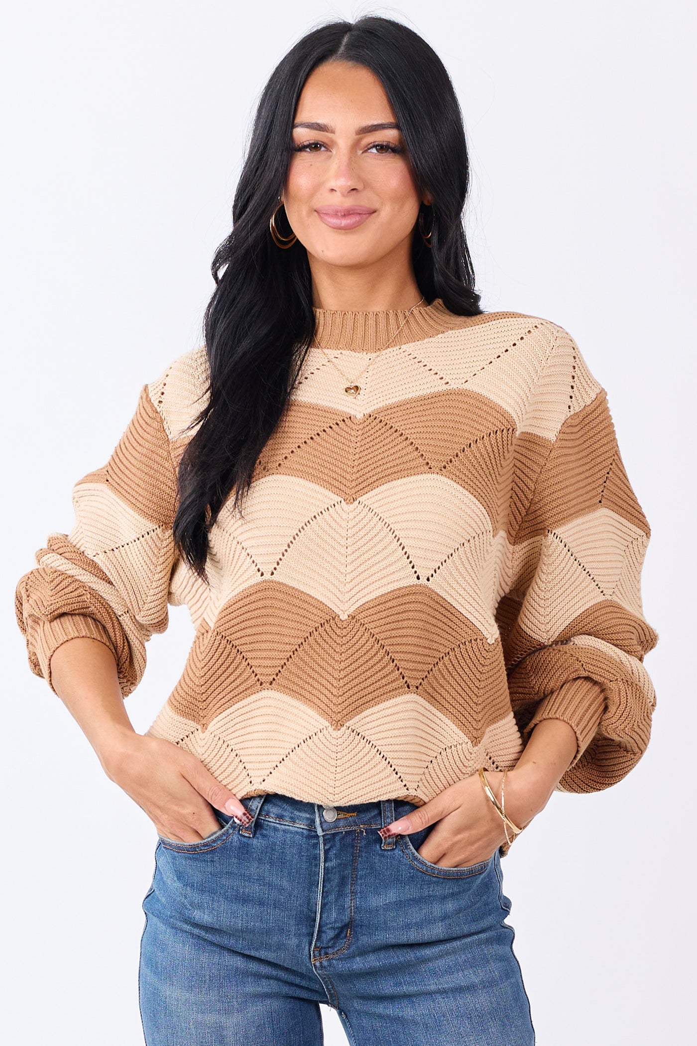 Brown Sugar Wavy Stripe Pointelle Cotton Sweater