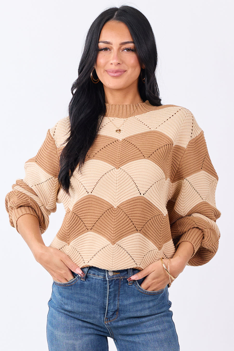 Brown Sugar Wavy Stripe Pointelle Cotton Sweater