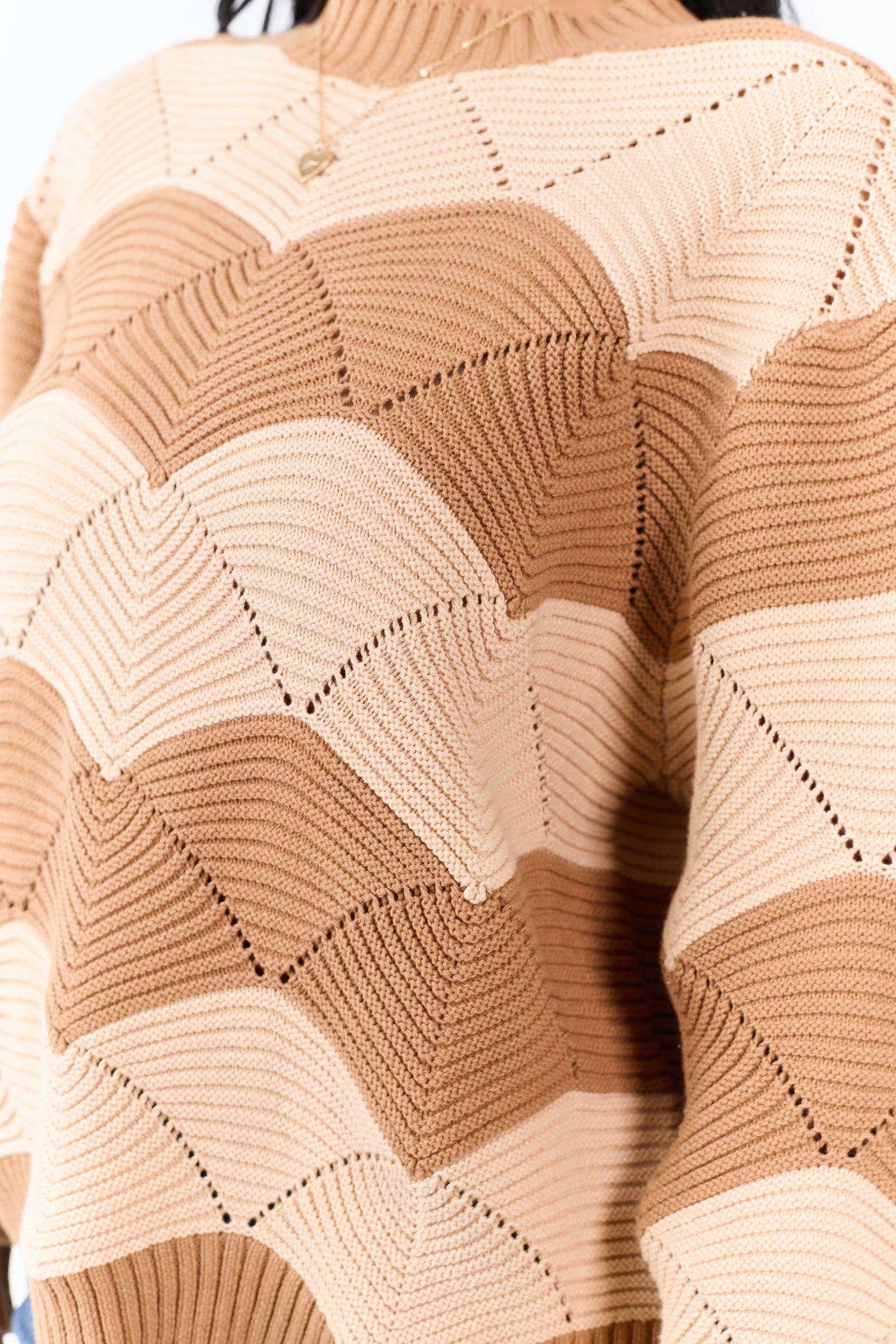 Brown Sugar Wavy Stripe Pointelle Cotton Sweater