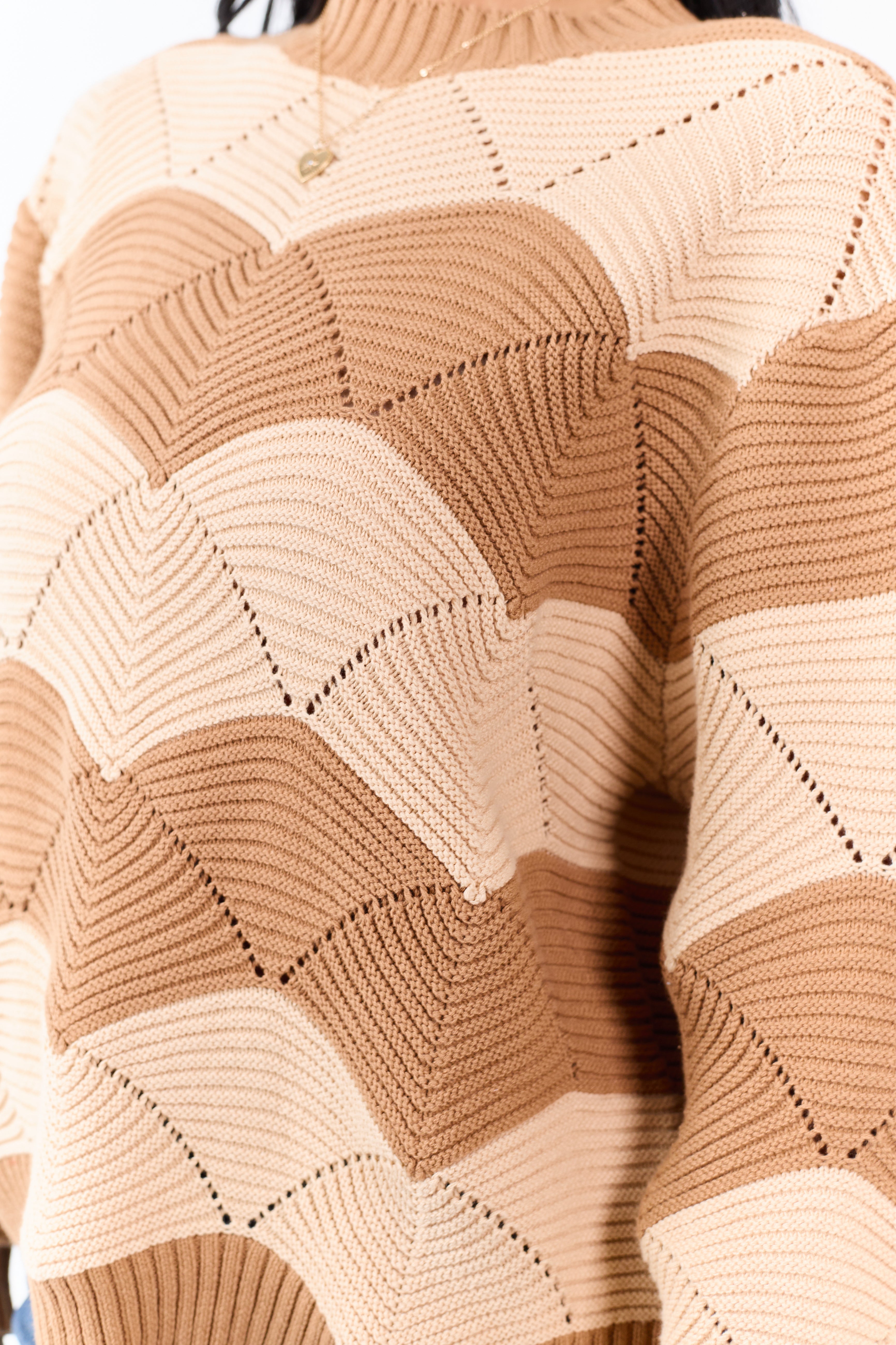 Brown Sugar Wavy Stripe Pointelle Cotton Sweater