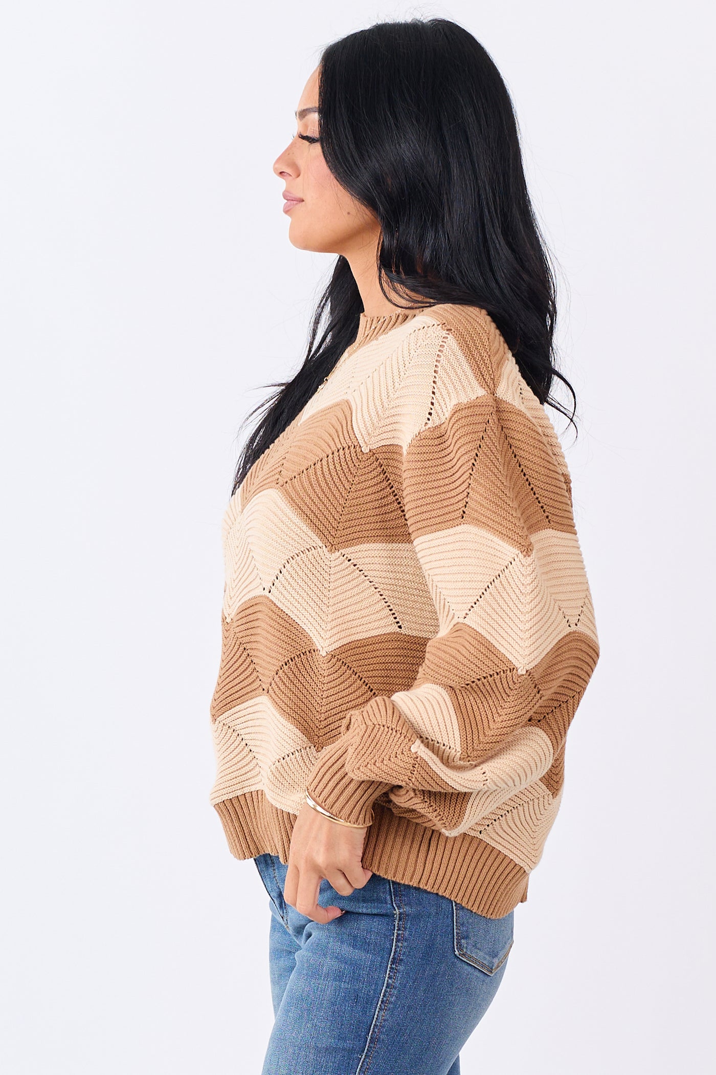 Brown Sugar Wavy Stripe Pointelle Cotton Sweater