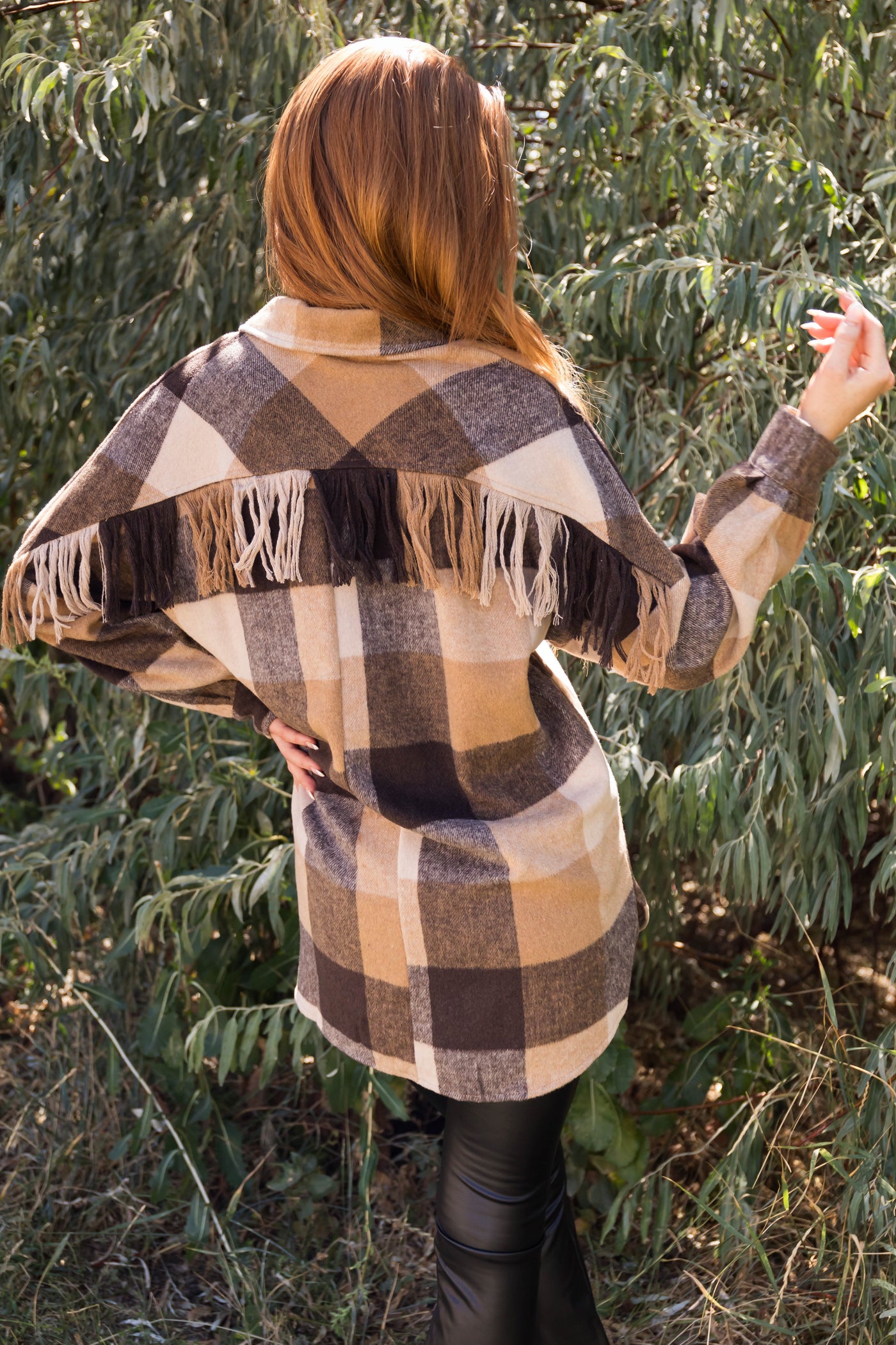 Brown Sugar and Camel Plaid Back Fringe Shacket