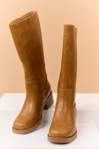 Brown Sugar Faux Leather Block Heel Tall Riding Boots