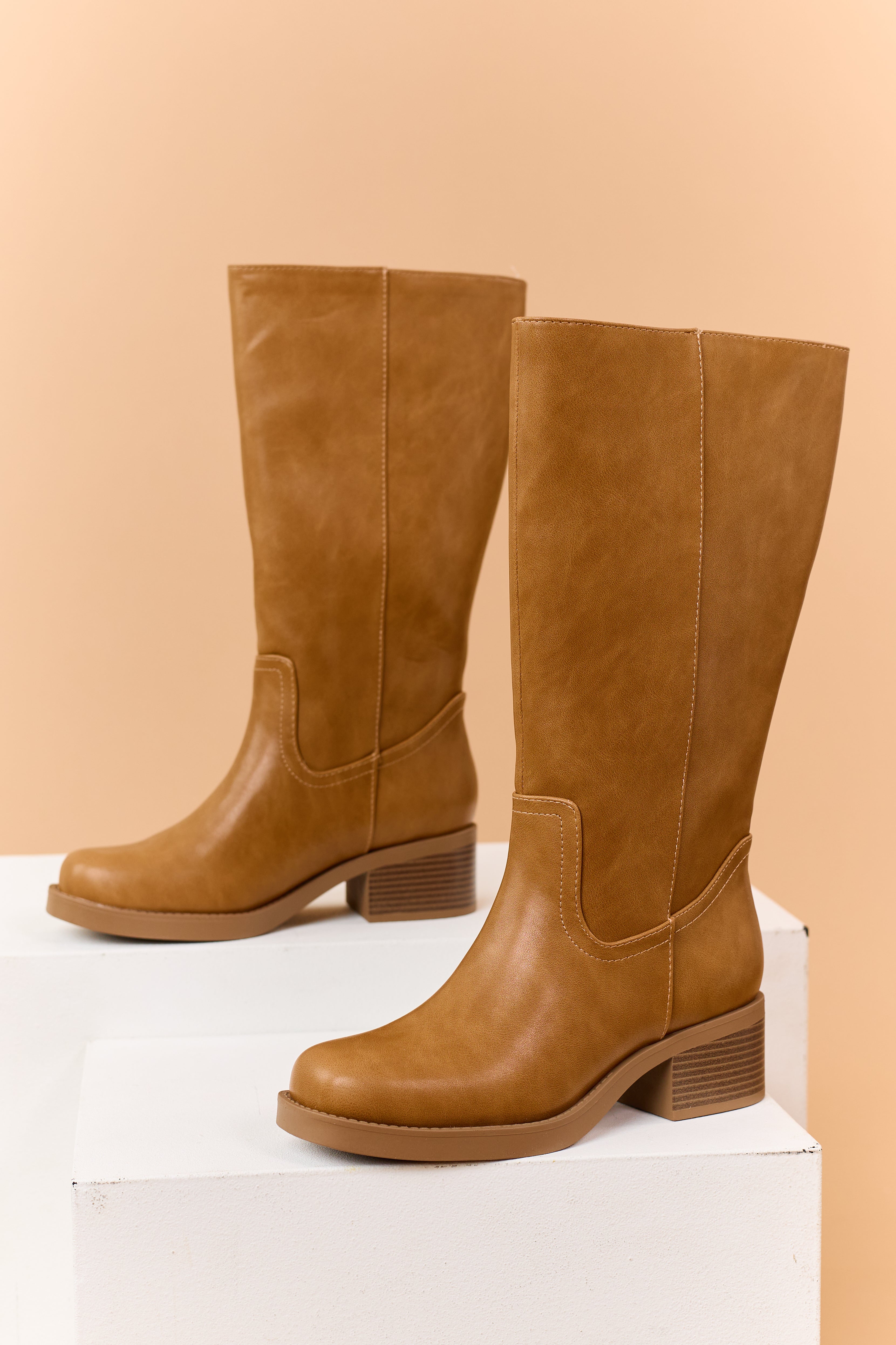Brown Sugar Faux Leather Block Heel Tall Riding Boots