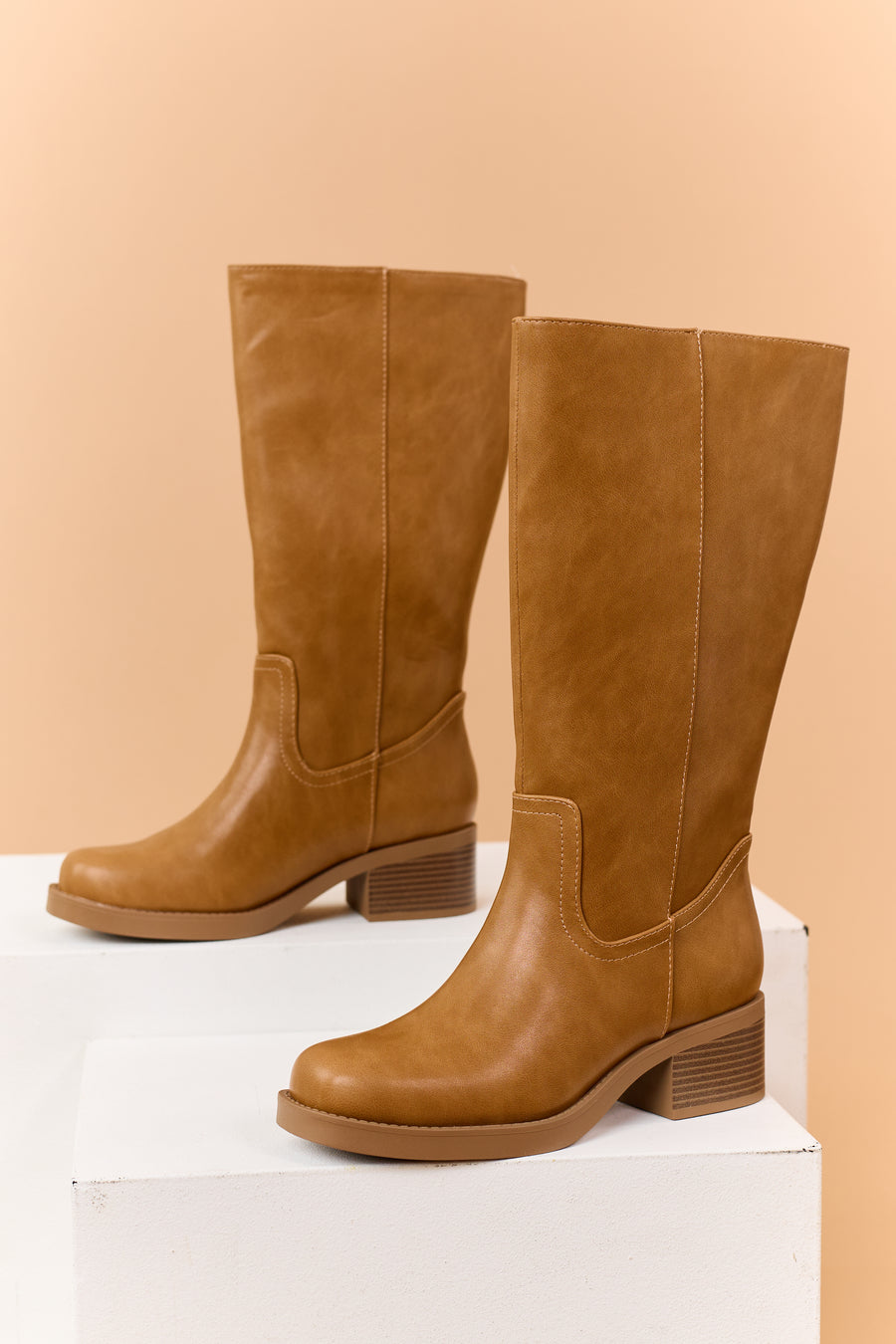 Brown Sugar Faux Leather Block Heel Tall Riding Boots