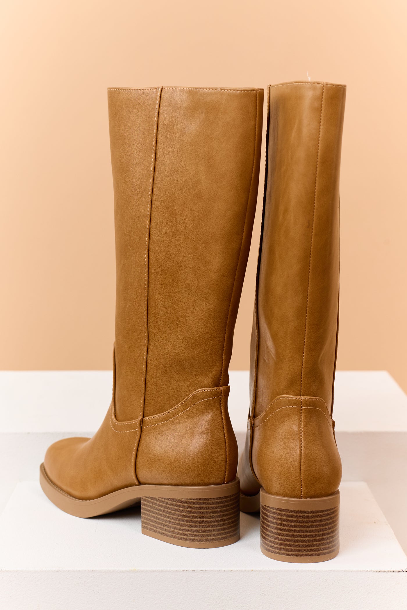 Brown Sugar Faux Leather Block Heel Tall Riding Boots
