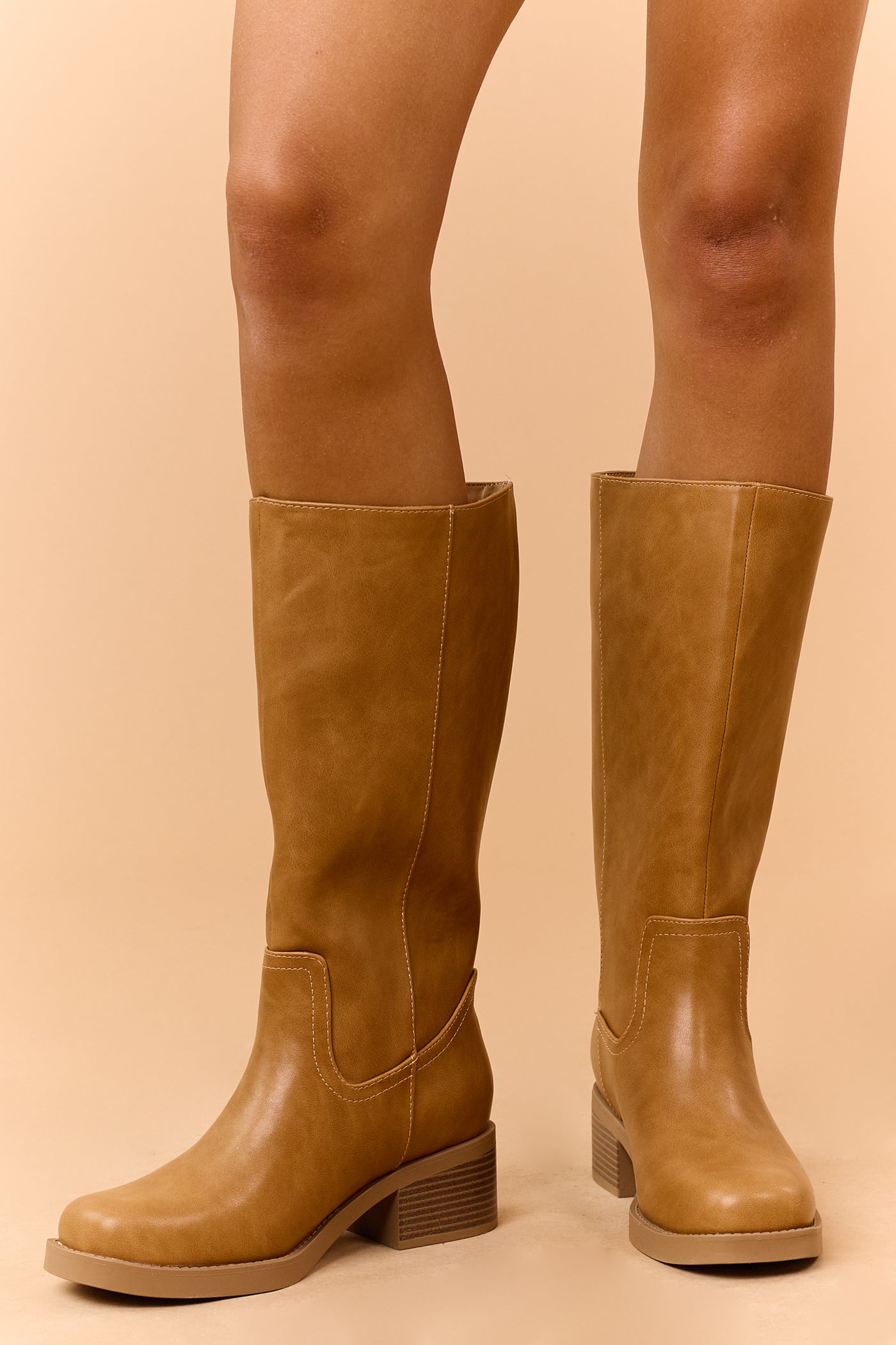 Brown Sugar Faux Leather Block Heel Tall Riding Boots