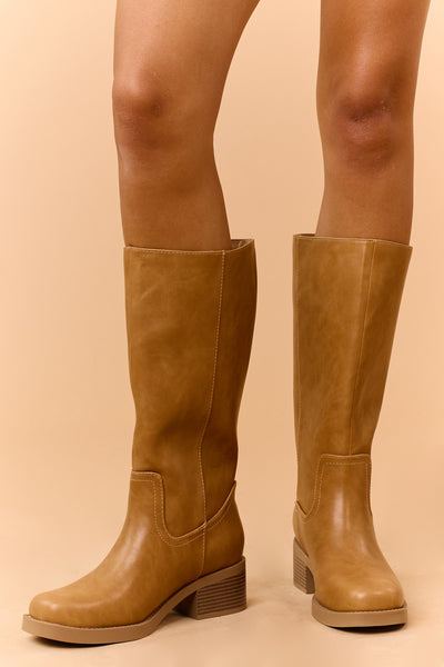 Brown Sugar Faux Leather Block Heel Tall Riding Boots