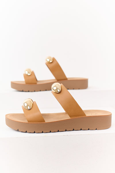 Brown Sugar Faux Leather Gold Detail Sandals
