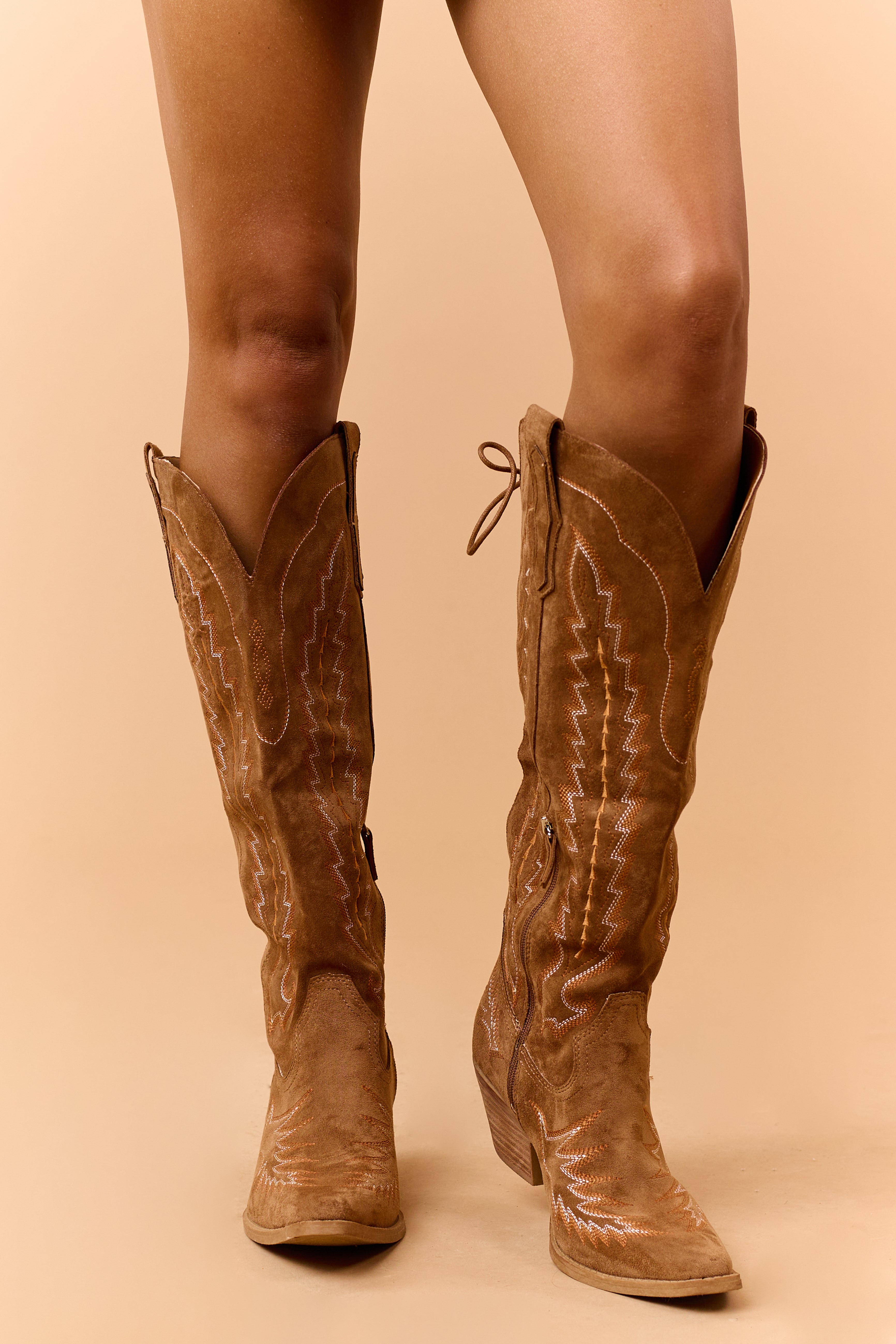 Brown Sugar Faux Suede Embroidered Lace Up Boots