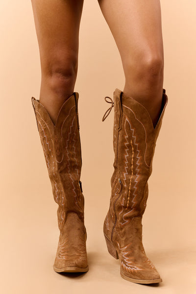 Brown Sugar Faux Suede Embroidered Lace Up Boots