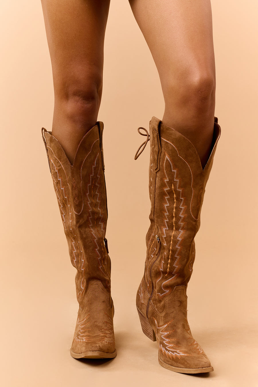 Brown Sugar Faux Suede Embroidered Lace Up Boots