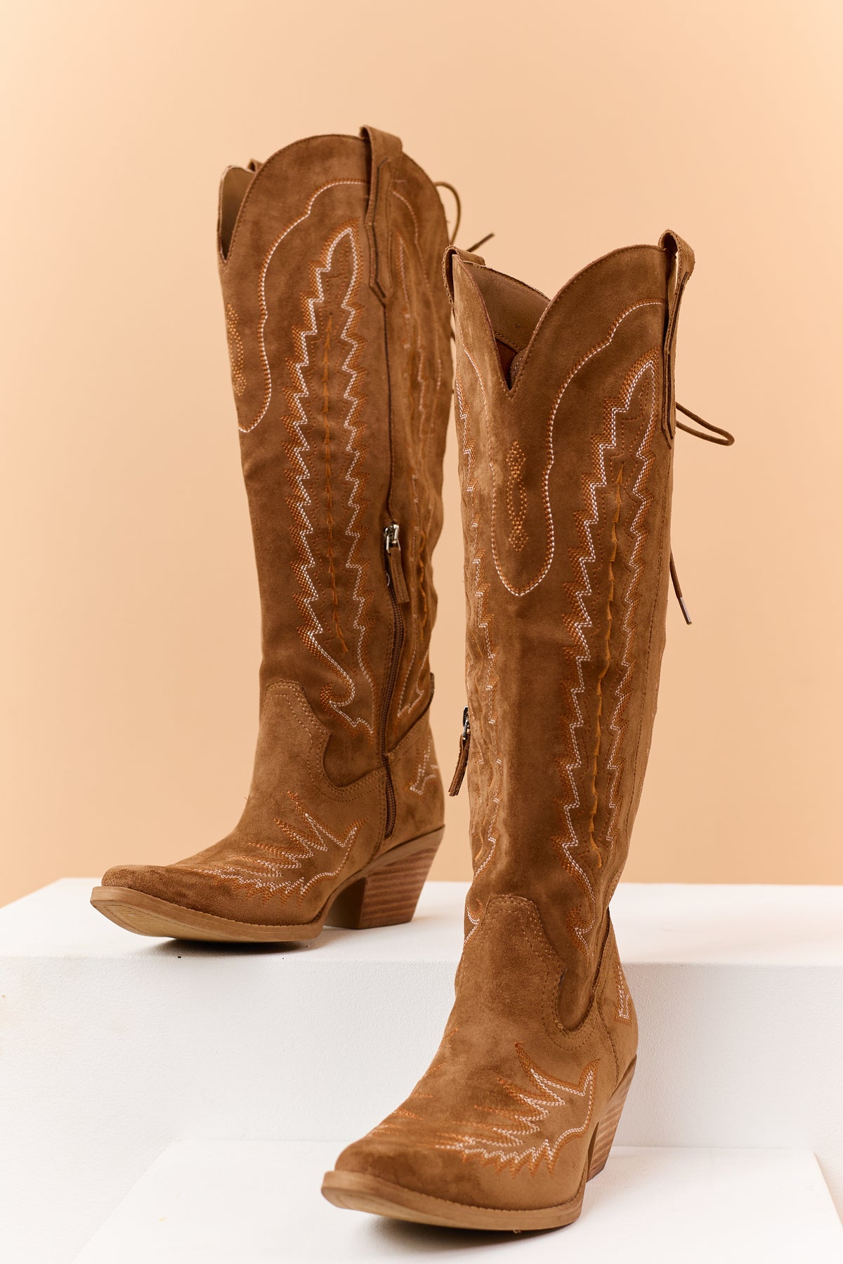 Brown Sugar Faux Suede Embroidered Lace Up Boots