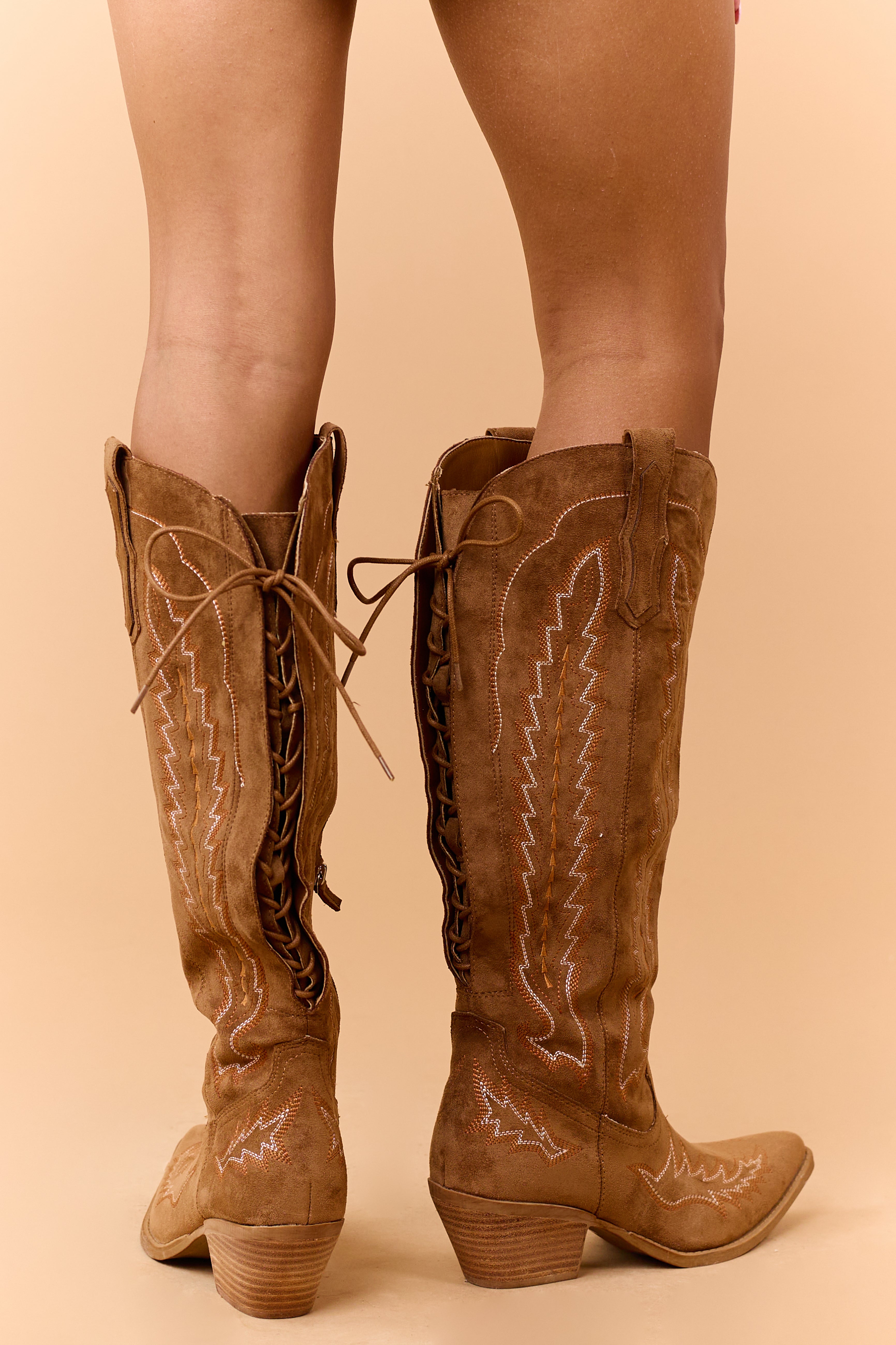 Brown Sugar Faux Suede Embroidered Lace Up Boots