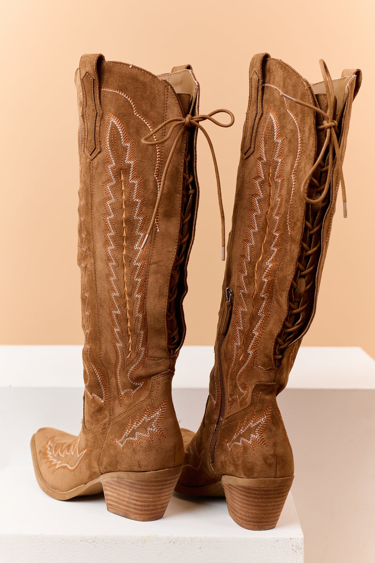 Brown Sugar Faux Suede Embroidered Lace Up Boots
