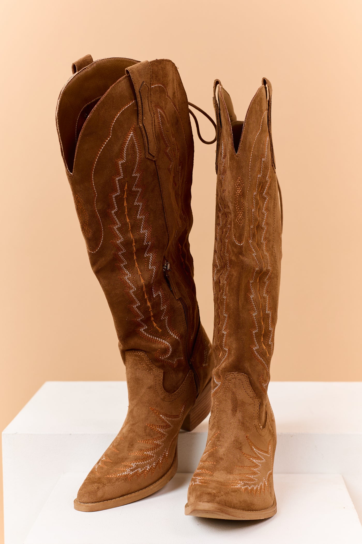 Brown Sugar Faux Suede Embroidered Lace Up Boots