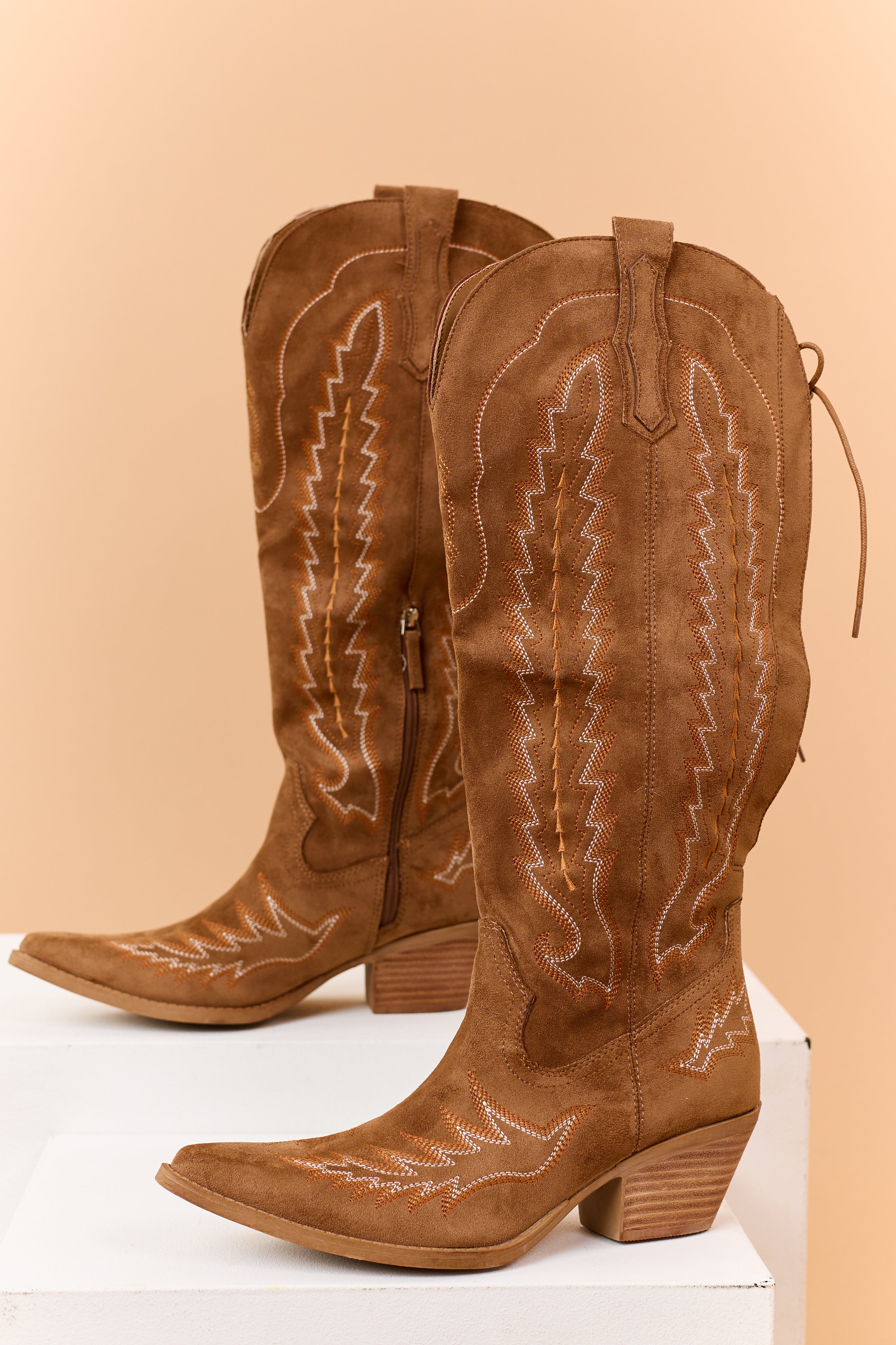 Brown Sugar Faux Suede Embroidered Lace Up Boots