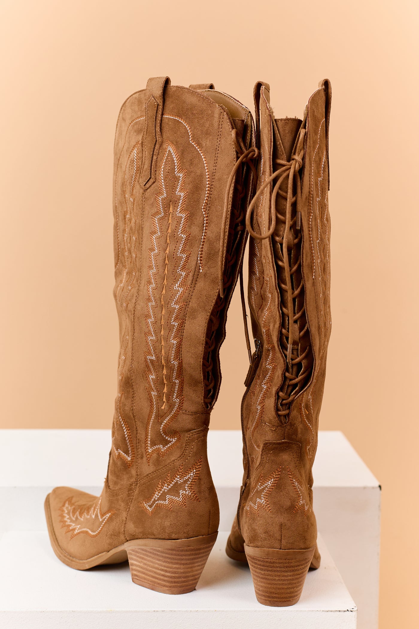 Brown Sugar Faux Suede Embroidered Lace Up Boots