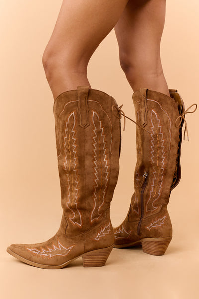 Brown Sugar Faux Suede Embroidered Lace Up Boots