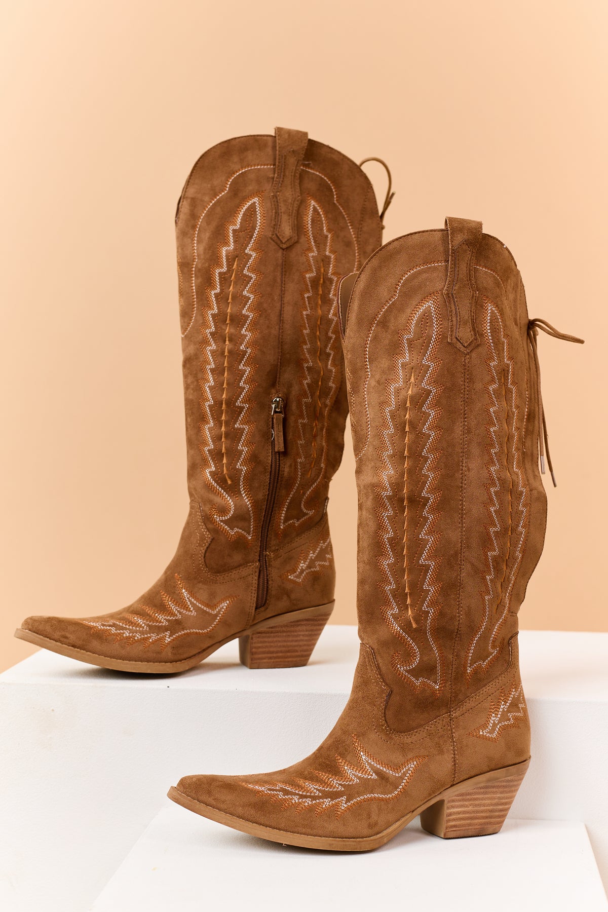 Brown Sugar Faux Suede Embroidered Lace Up Boots