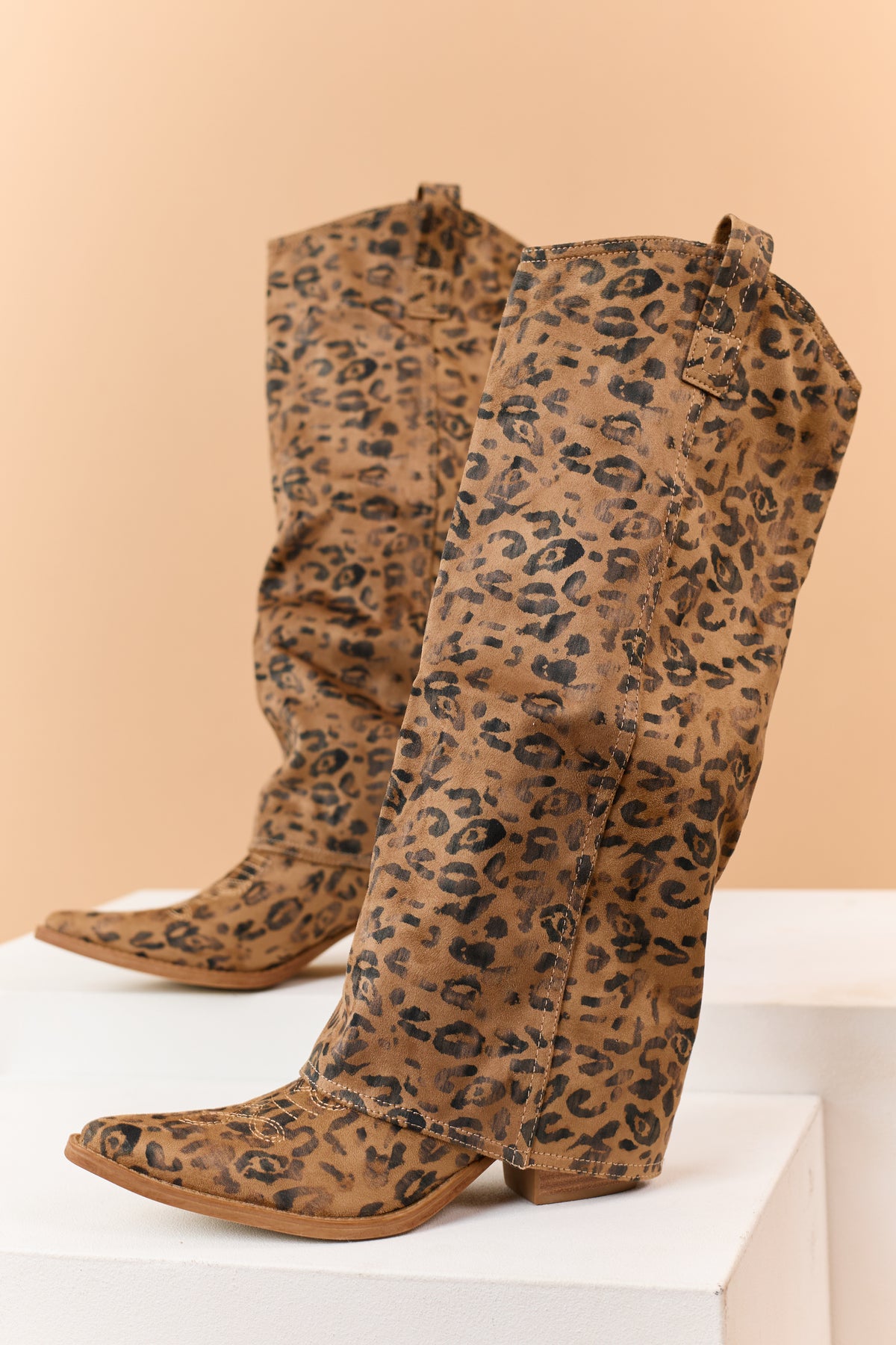 Brown Sugar Leopard Print Faux Suede Fold Over Boots