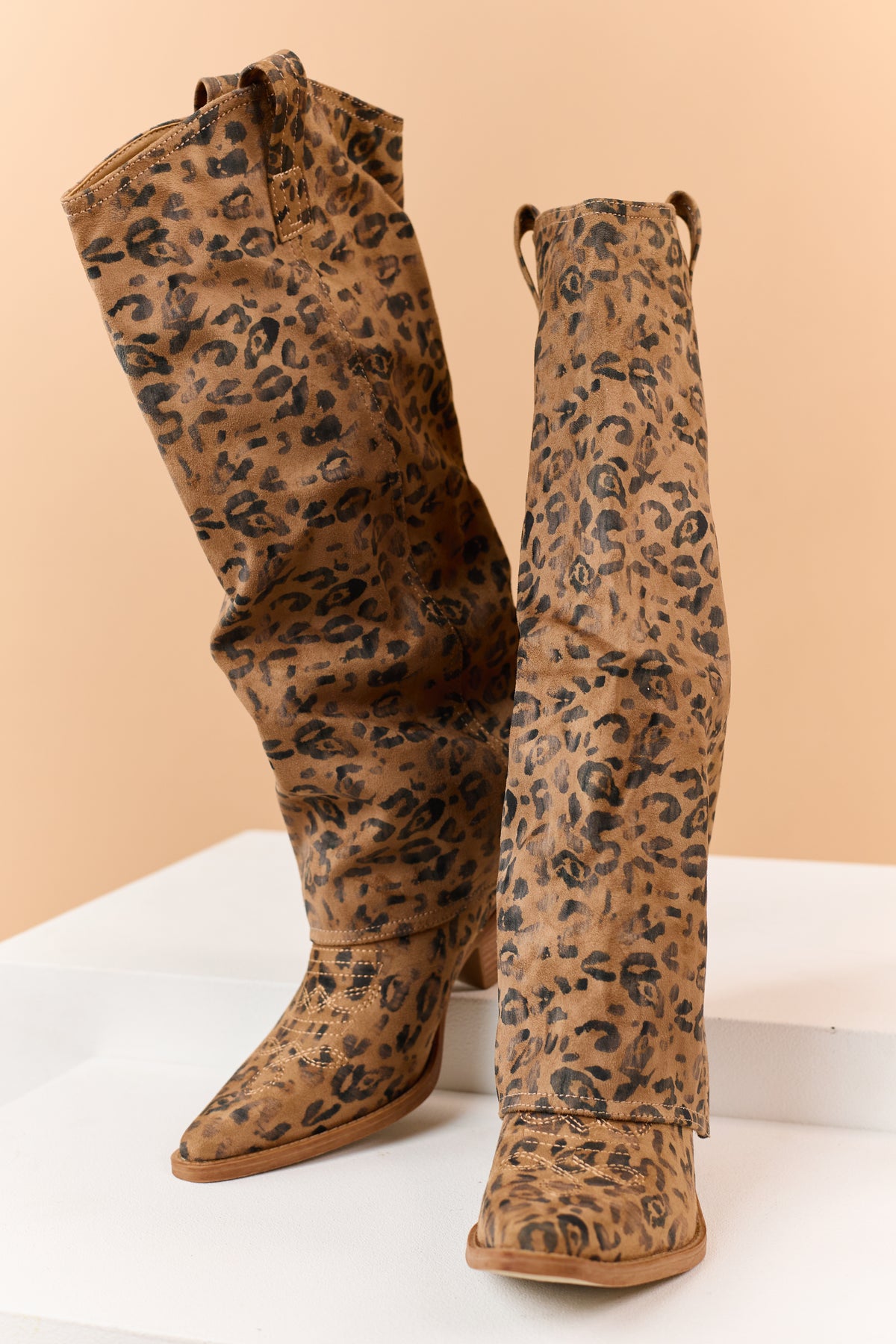 Brown Sugar Leopard Print Faux Suede Fold Over Boots