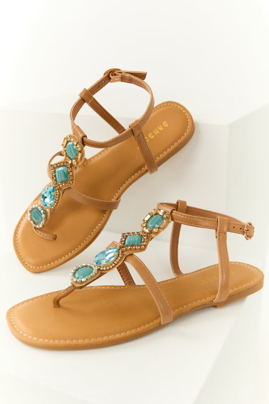 Brown Sugar Thong Sandals with Teal Rhinestone Strap