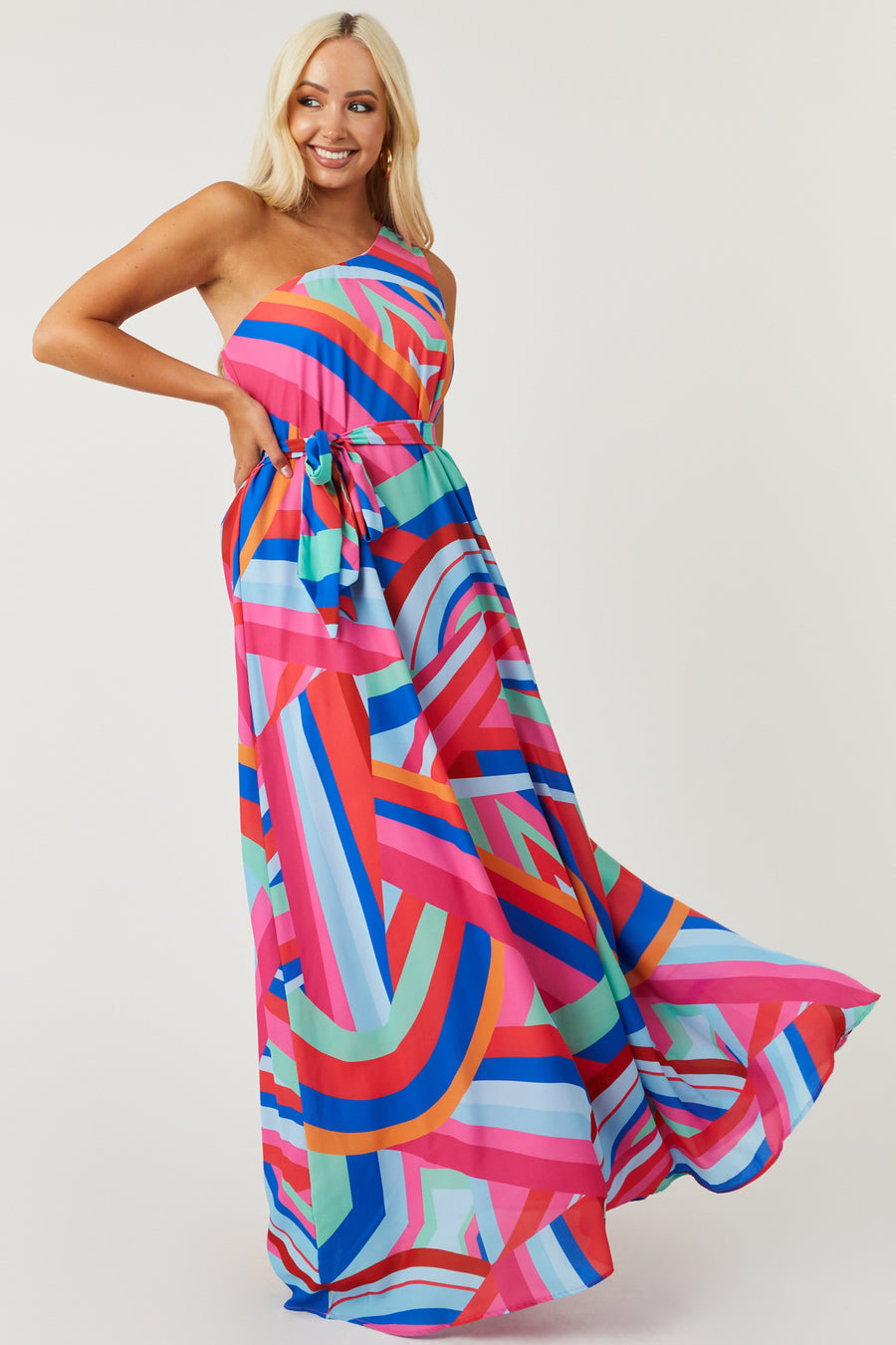 Bubblegum Abstract Print One Shoulder Maxi Dress