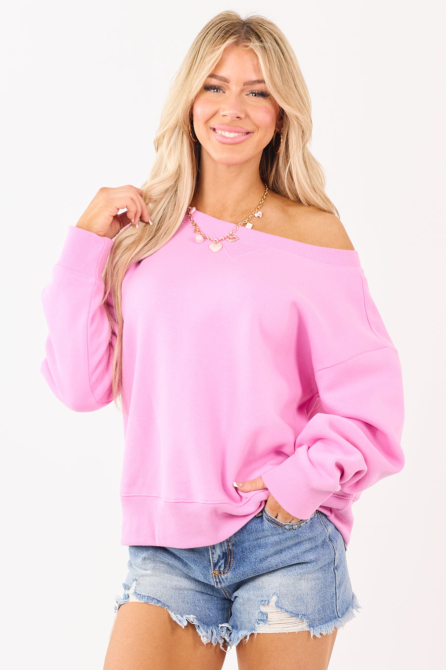 Bubblegum Boatneck Ribbed Trim Relaxed Fleece Sweatshirt