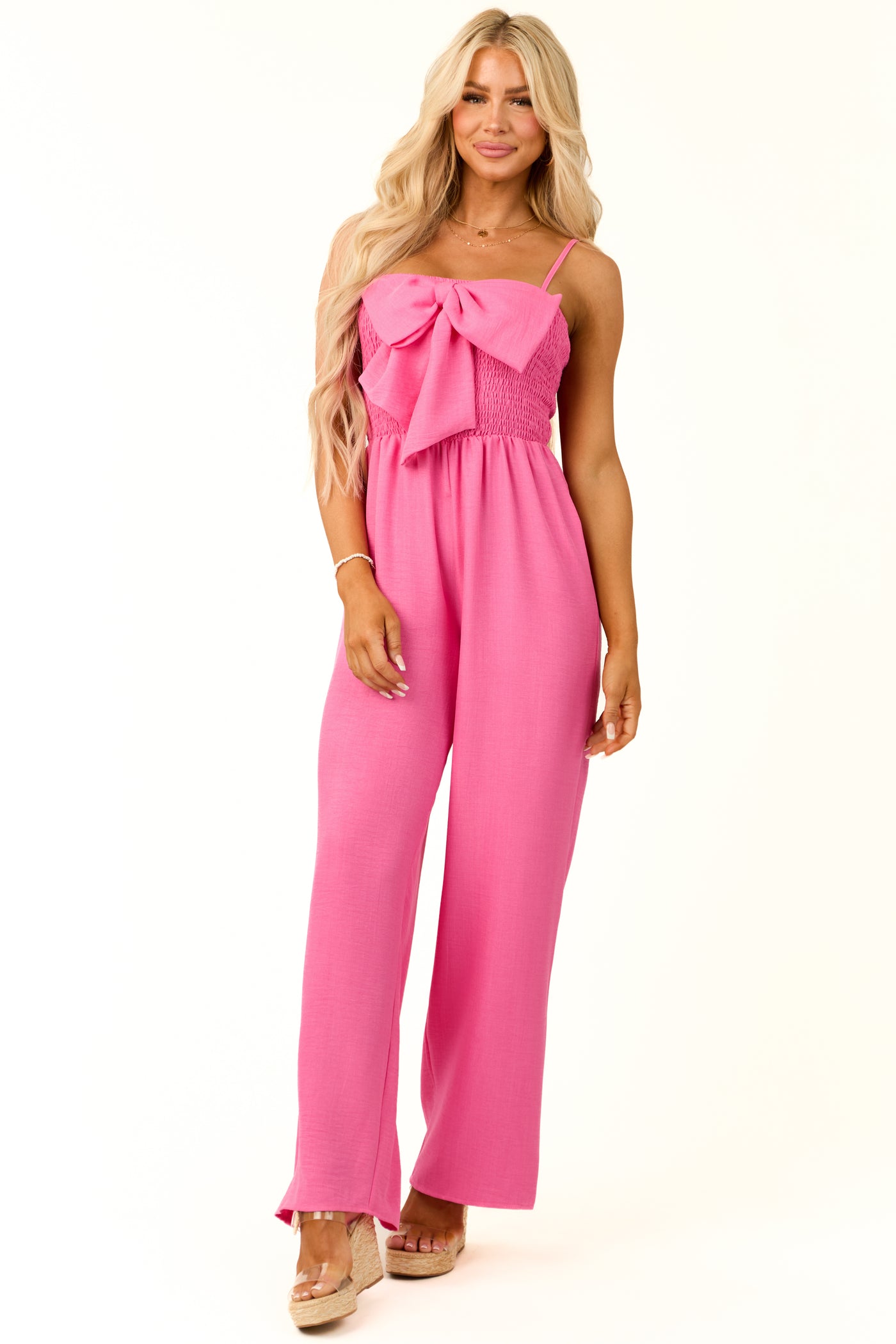 Bubblegum Bow Front Smocked Jumpsuit