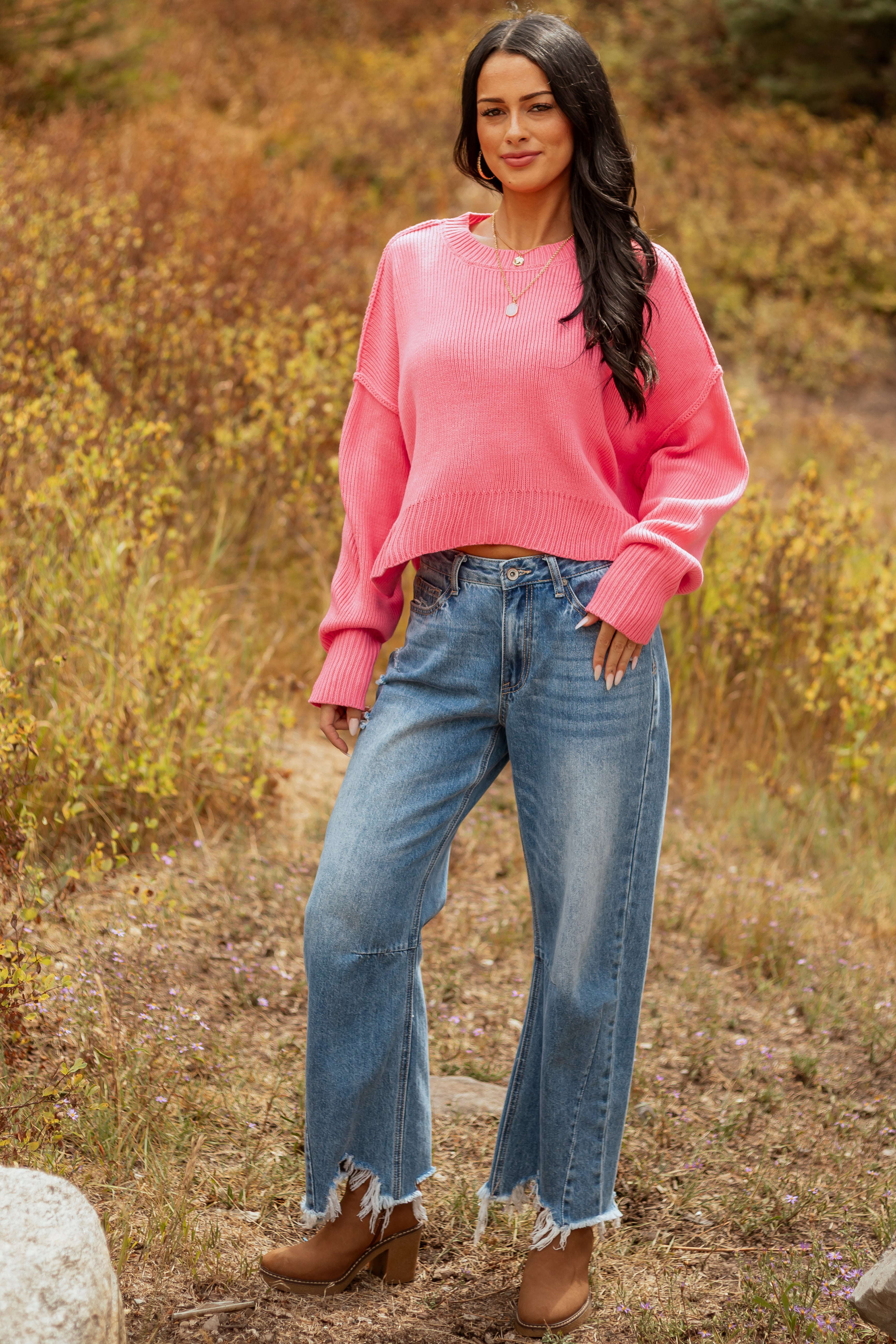 Bubblegum Boxy Drop Shoulder Crop Rib Knit Sweater