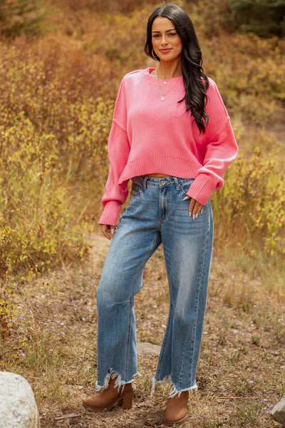 Bubblegum Boxy Drop Shoulder Crop Rib Knit Sweater