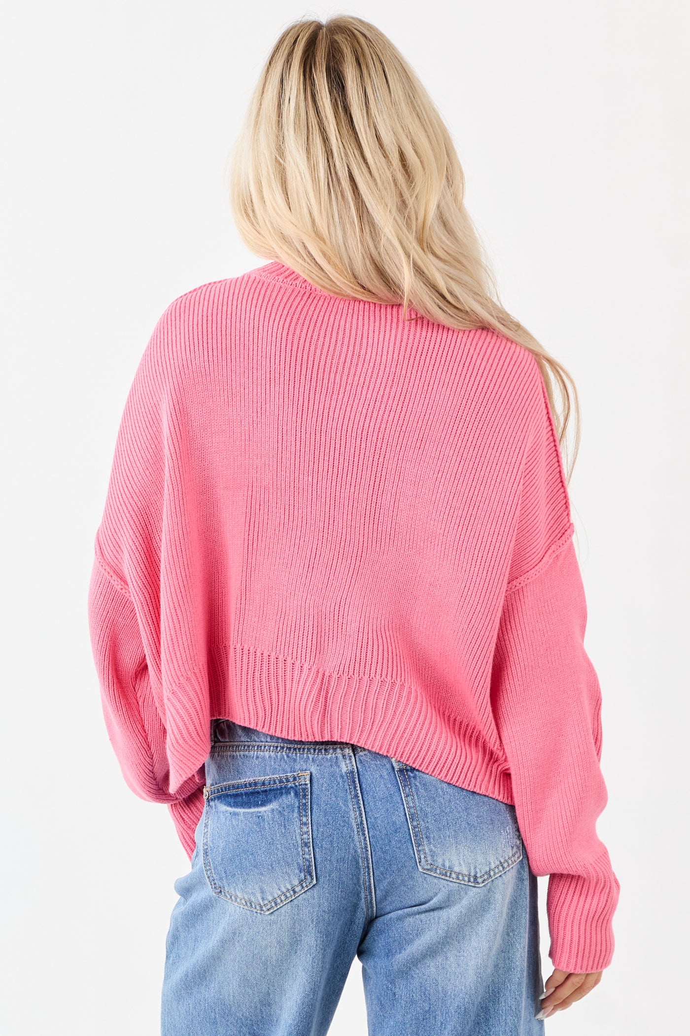 Bubblegum Boxy Drop Shoulder Crop Rib Knit Sweater