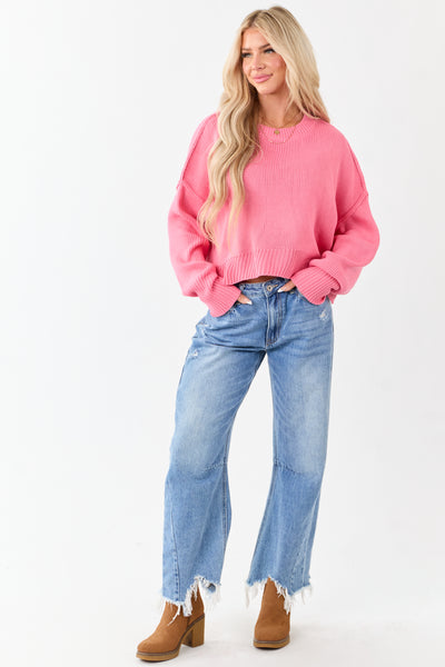 Bubblegum Boxy Drop Shoulder Crop Rib Knit Sweater