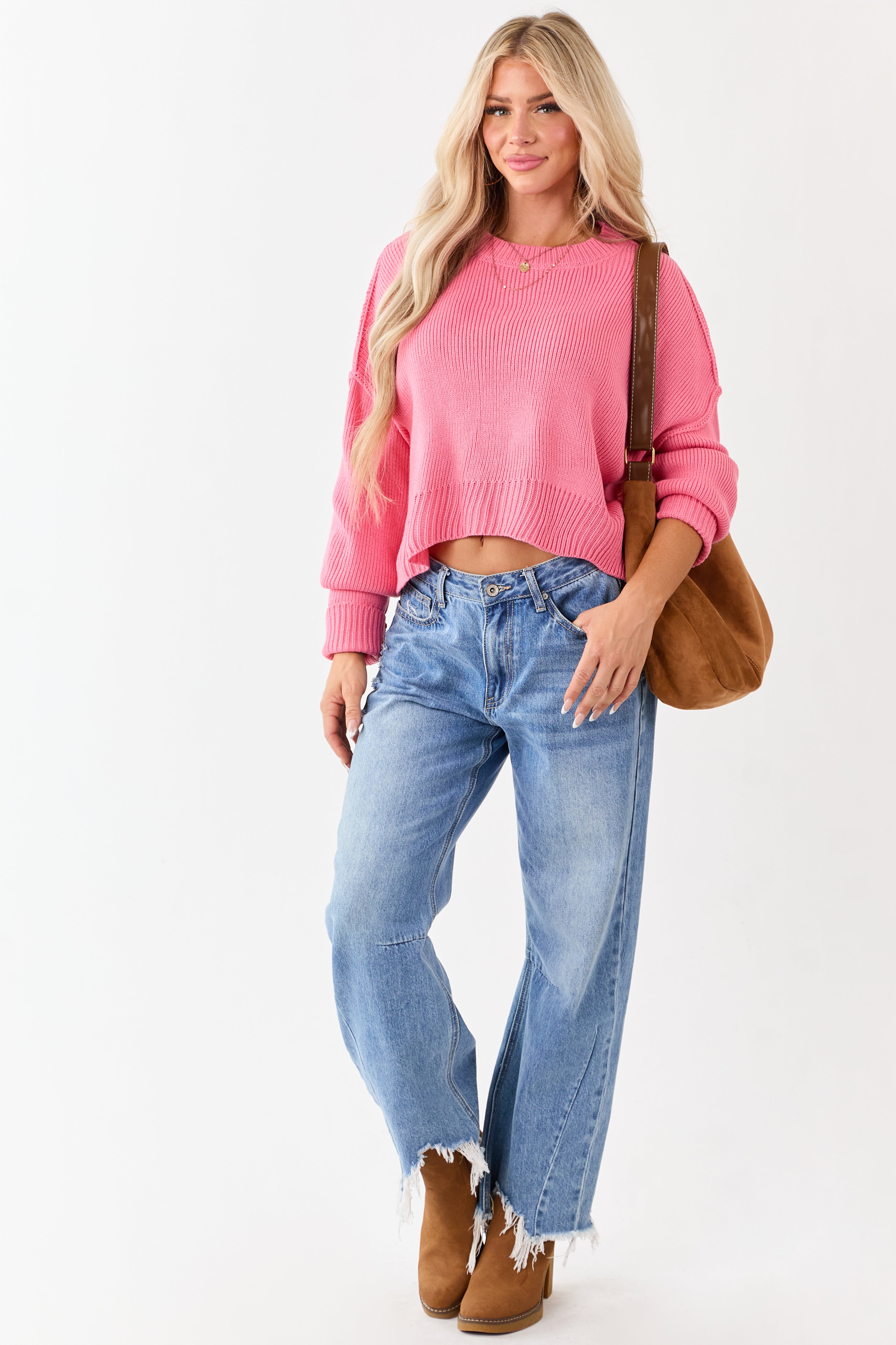 Bubblegum Boxy Drop Shoulder Crop Rib Knit Sweater